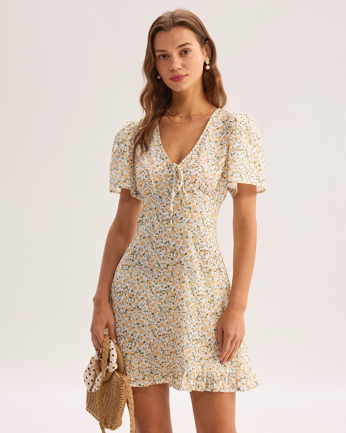 Yellow Floral V-Neck Mini Dress for Women - Summer Casual Party Sundress - Perfect for Beach, Vacation & Date Night