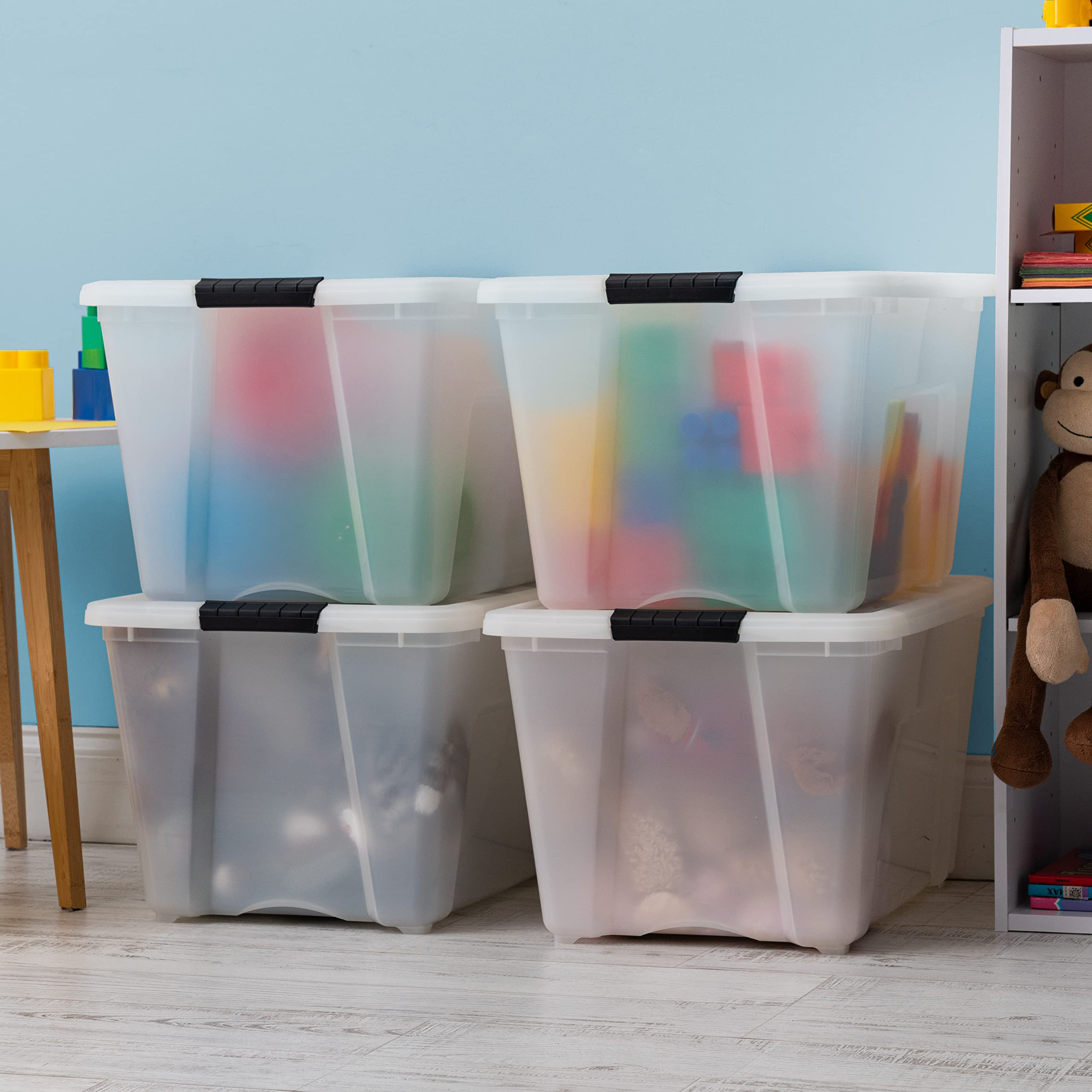 IRIS USA 54 Qt Stackable Plastic Storage Bins with Lids, 4 Pack - BPA-Free, Made in USA - Durable Nestable Containers with Secure Pull Handle & Latches - Perfect for Home Organization, Closet Storage, Garage & Office Use - Pearl