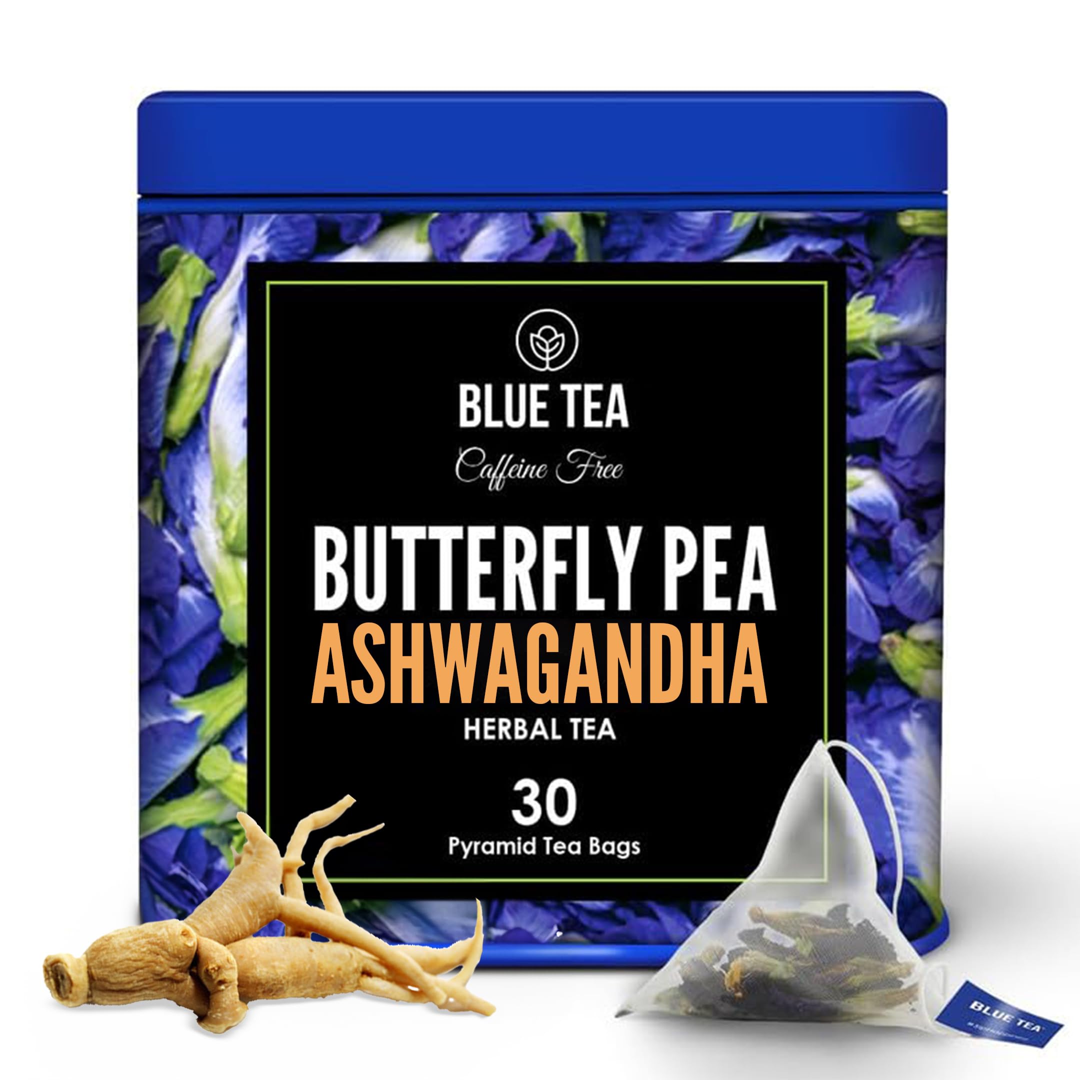 Organic Blue Tea with Ashwagandha - 30 Pyramid Tea Bags for Hot & Iced Drinks, Mocktails & Wellness - Eco-Friendly Tin Packaging - Perfect Gift for Tea Lovers & Health Enthusiasts | Great for Relaxation, Stress Relief & Detox