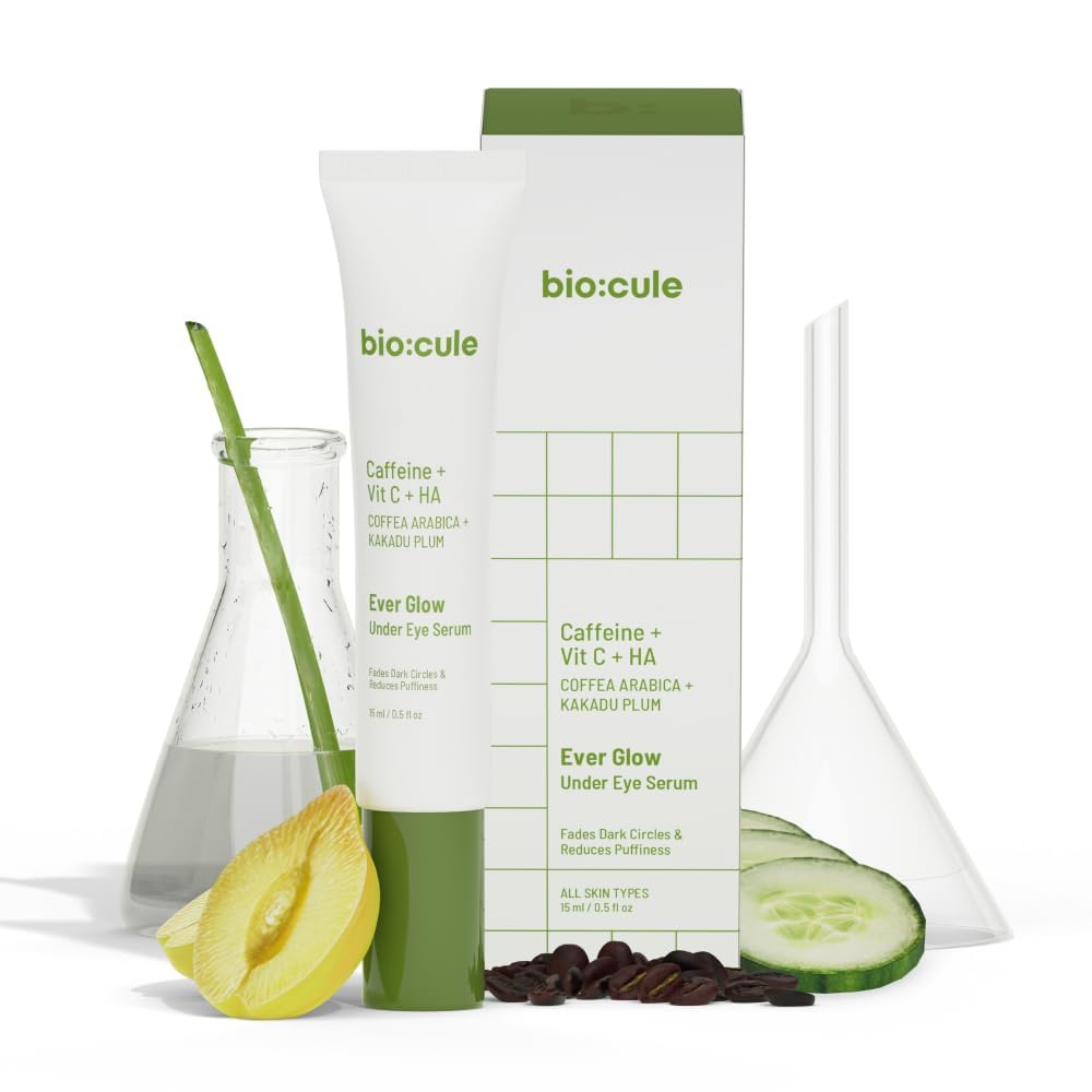 Biocule Ever Glow Under Eye Serum for Dark Circles & Puffiness - Caffeine, Vitamin C & Hyaluronic Acid Formula (15ml) | Brightening Eye Treatment for Dark Circles, Bags & Wrinkles | Perfect for Morning & Night Skincare Routine