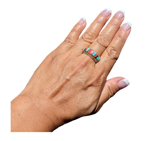 Authentic Navajo Unisex Turquoise Coral Inlay Ring - Size 10 - Handmade Native American Jewelry - Southwest Style - Signed Dead Pawn - Perfect for Boho Fashion, Western Wear & Cultural Gift Giving