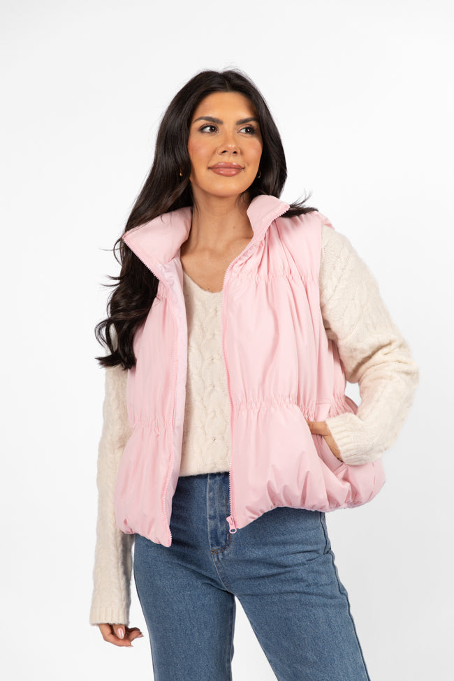 Women's Light Pink Ruched Puffer Vest - Winter Warm Quilted Down Jacket for Outdoor Activities | Hiking, Skiing & Casual Wear