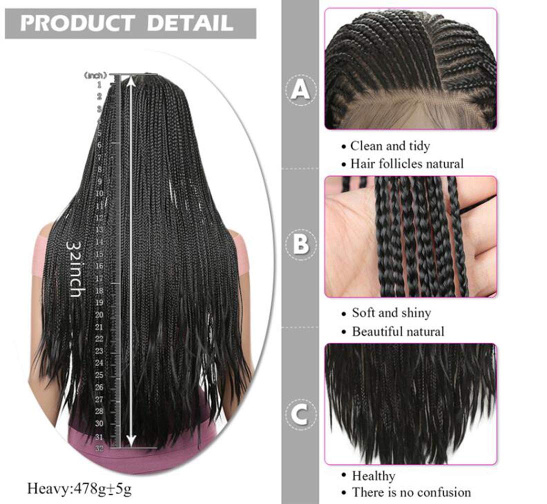 Extra Long 32inch Braided Box Braids Wigs for Black Women - 13x4 Lace Front Synthetic Hair Wig with Baby Hair & Hand-Tied Locs - Lightweight Micro Braid Crochet Wig (Natural Black, 80cm) for Daily Wear, Parties & Protective Hairstyles