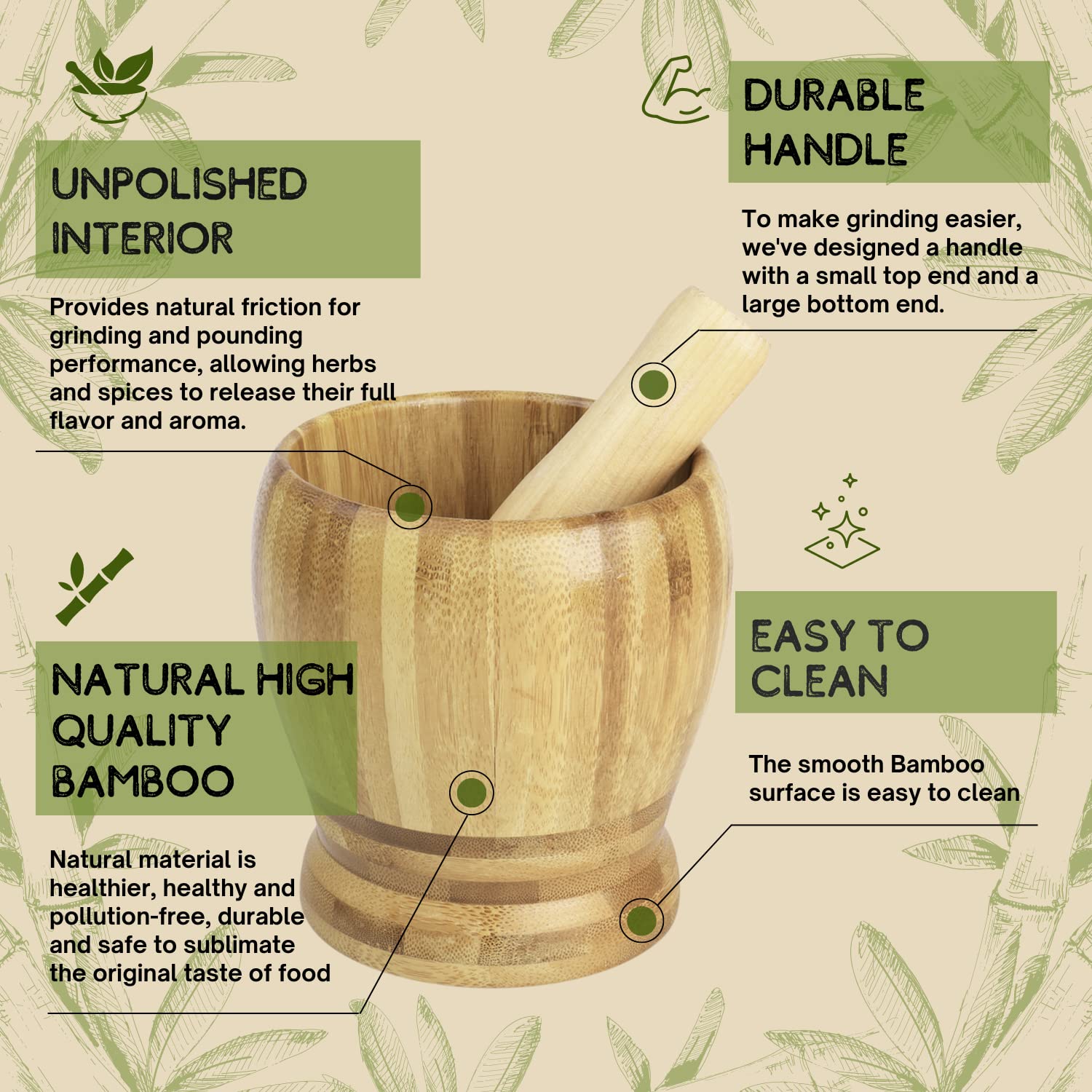 Premium 5-Inch Bamboo Mortar and Pestle Set - Natural Wooden Molcajete for Grinding Herbs, Spices, Garlic & Pills - Includes Lid & Spoon - Perfect for Guacamole, Cocktails, Ayurvedic Medicine & Kitchen Use