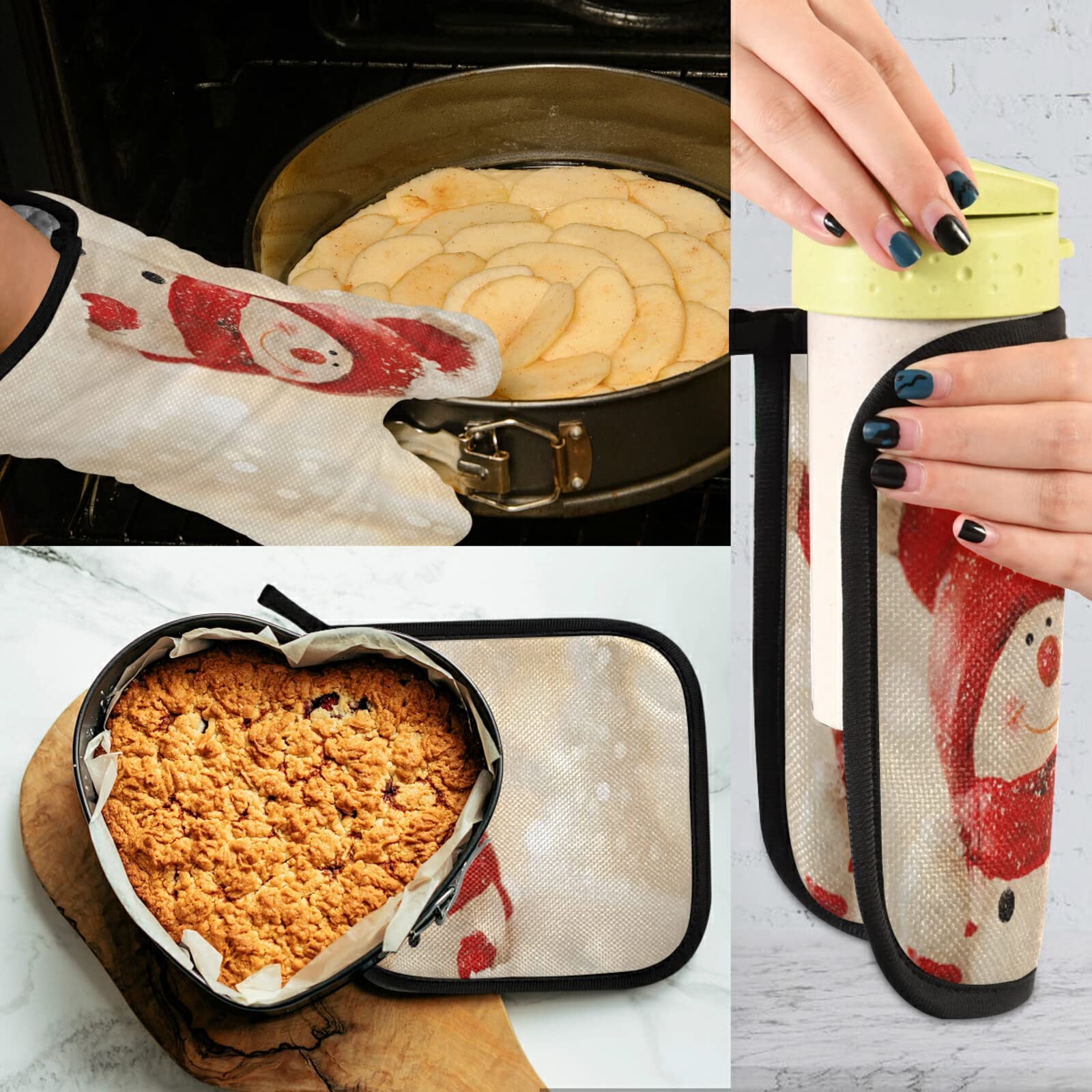 QUGRL Christmas Snowman Oven Mitts & Pot Holders Set - Heat Resistant Kitchen Gloves for Baking, Cooking & BBQ - Festive Winter Holiday Decor for Home & Kitchen