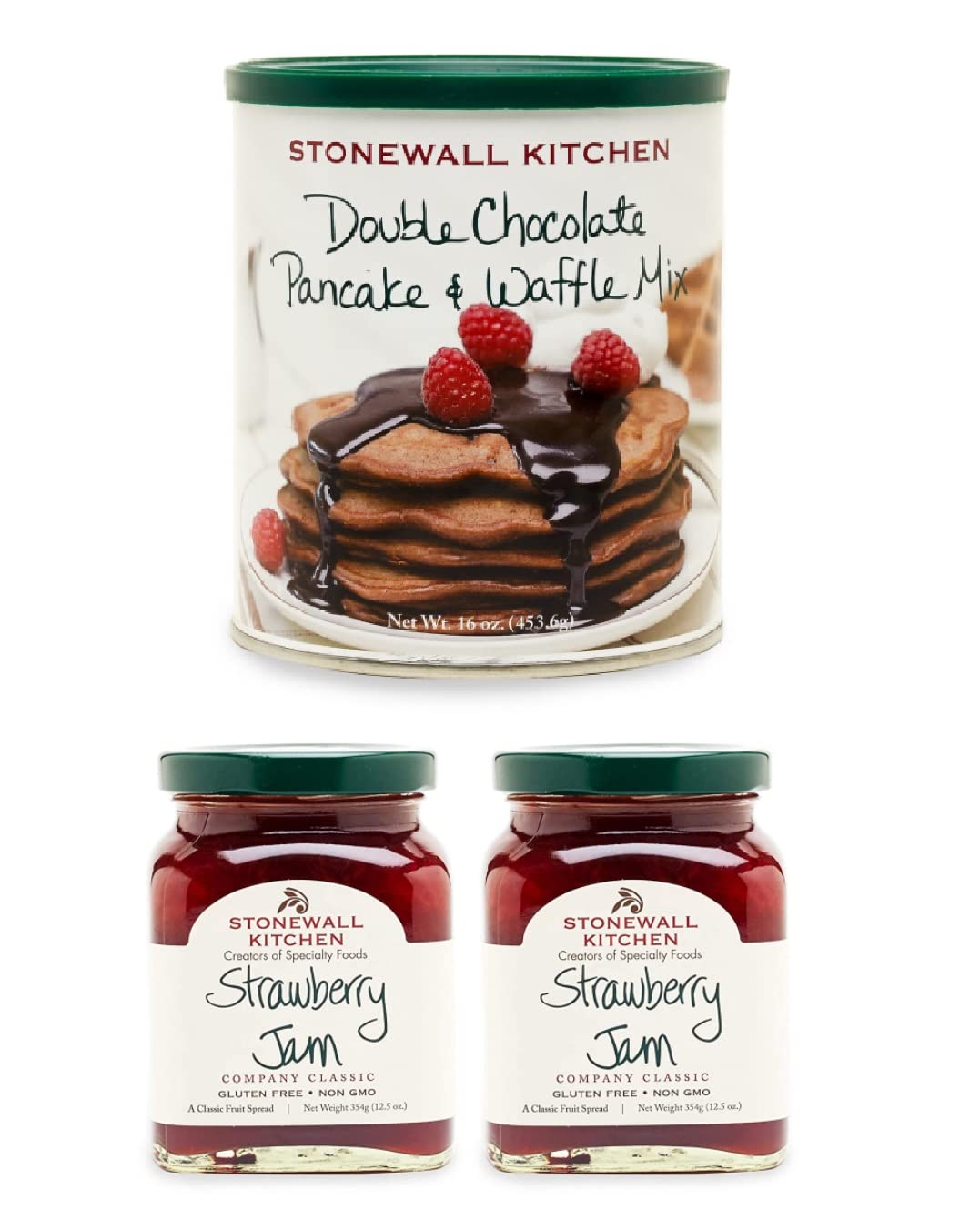 Stonewall Kitchen Double Chocolate Pancake & Waffle Mix with Strawberry Jam 2-Pack - Gourmet Breakfast Bundle for Pancakes, Waffles & Toast - Perfect for Family Brunches & Holiday Gifting