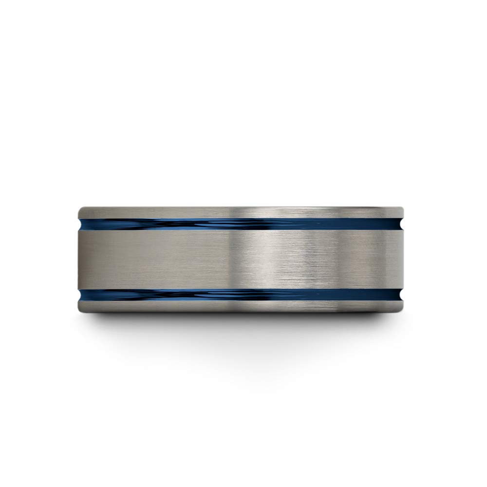 8mm Tungsten Carbide Wedding Band Ring for Men & Women - Blue Black Double Line Flat Cut, Brushed & Polished Finish - Custom Engraved Anniversary & Engagement Ring - Perfect for Weddings, Proposals & Special Occasions