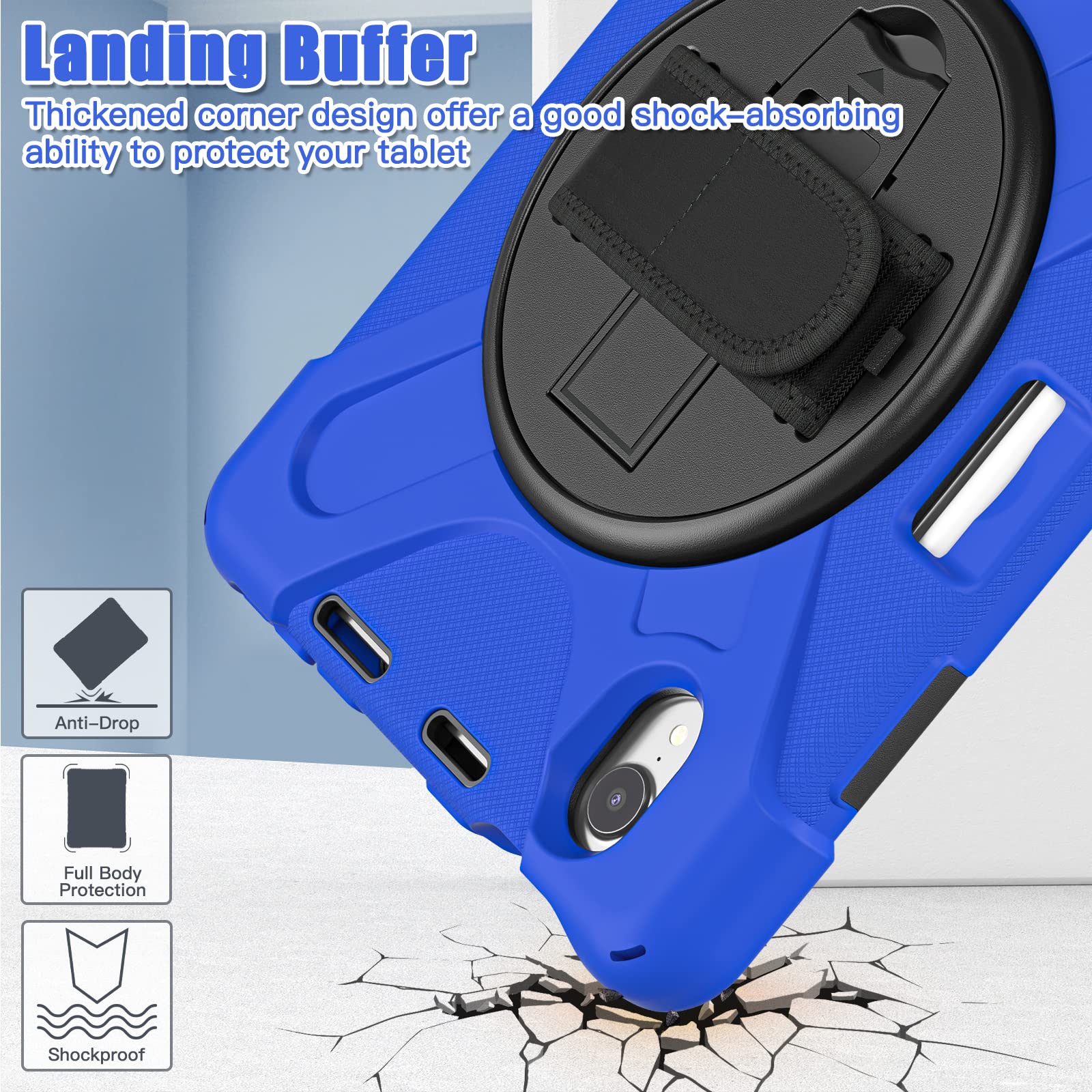 ZenRich iPad Mini 7 Case A17 Pro (2024) - Heavy Duty Shockproof Rugged Protective Cover for iPad Mini 7th/6th Generation with Pencil Holder, Kickstand, Hand Strap & Shoulder Belt - Perfect for Outdoor, Travel, Work & School (Blue)