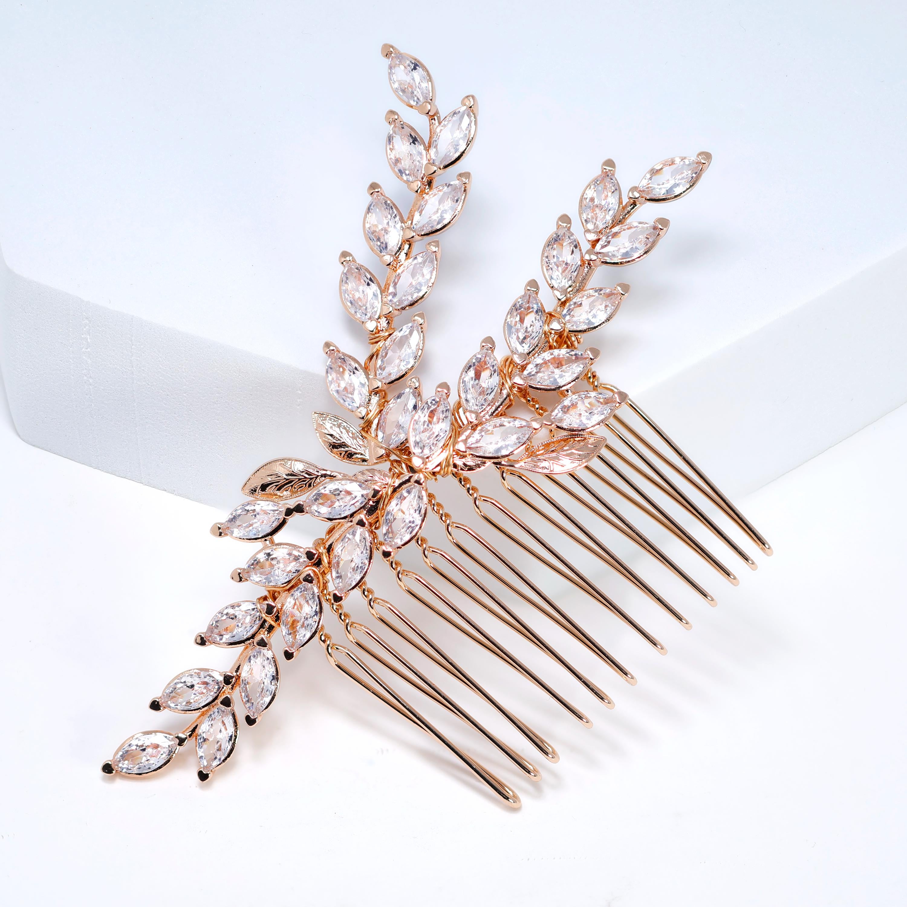 Elegant Cubic Zirconia Diamond Golden Leaves Whisper Bridal Hair Comb - Vintage Vine Hairpiece for Weddings, Prom & Special Occasions | Bridal Hair Accessories & Wedding Hair Jewelry
