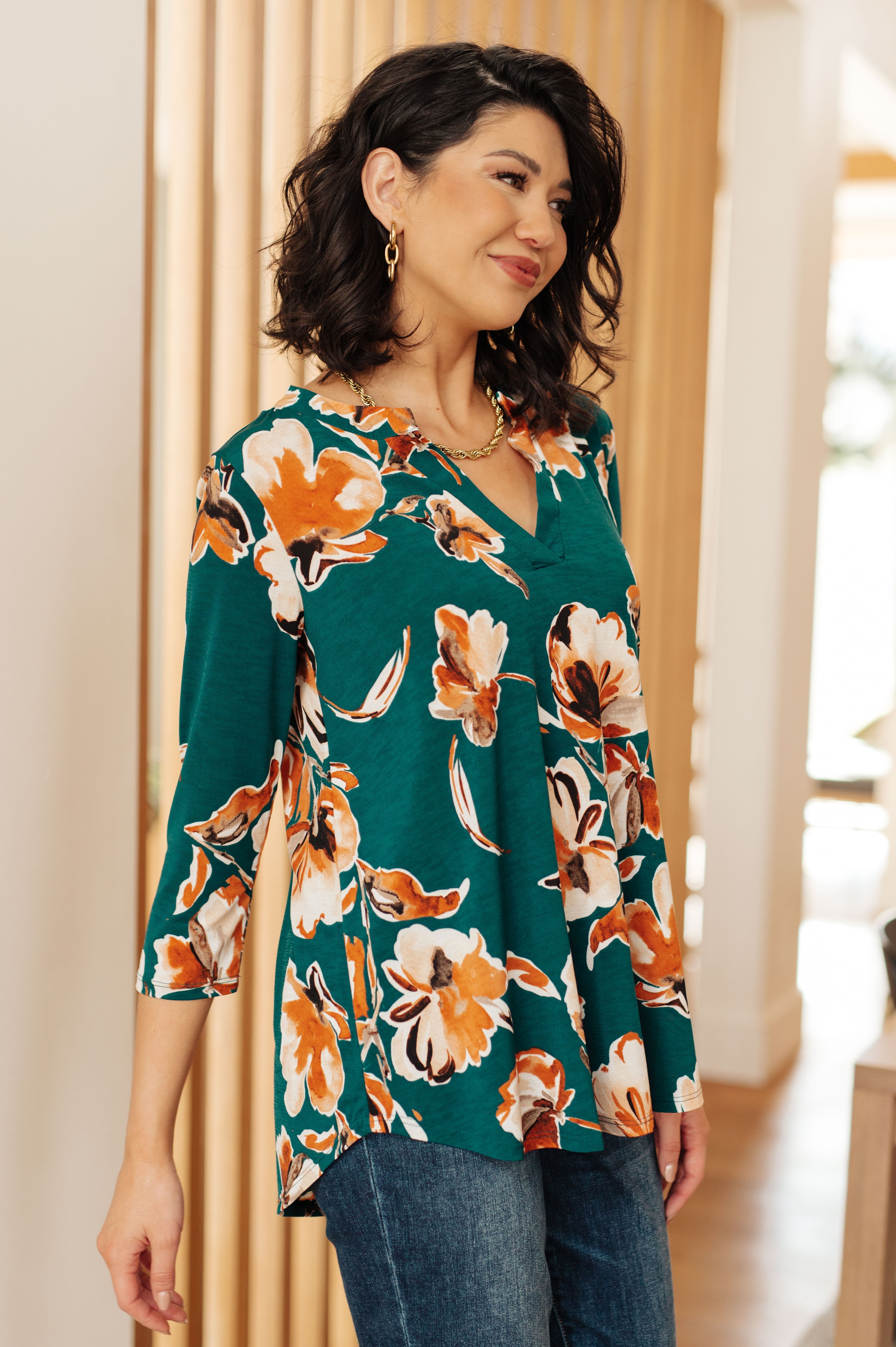 Stylish Teal Floral Print Women's Top - Trendy I Think Different Blouse for Casual Wear & Summer Outfits