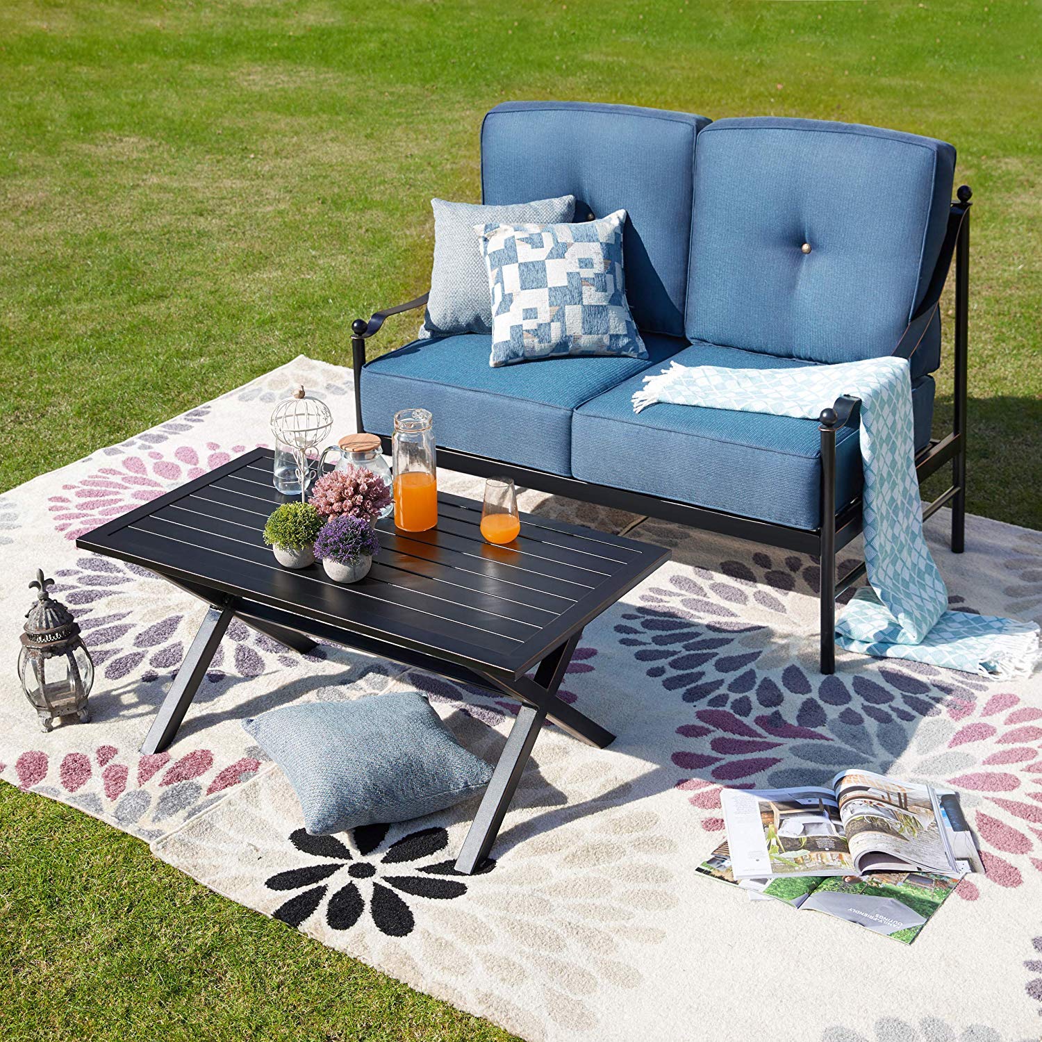 PatioFestival 2-Piece Outdoor Metal Conversation Set with Cushions - Blue Sectional Sofa & Coffee Table for Patio, Garden, Backyard or Poolside Relaxation