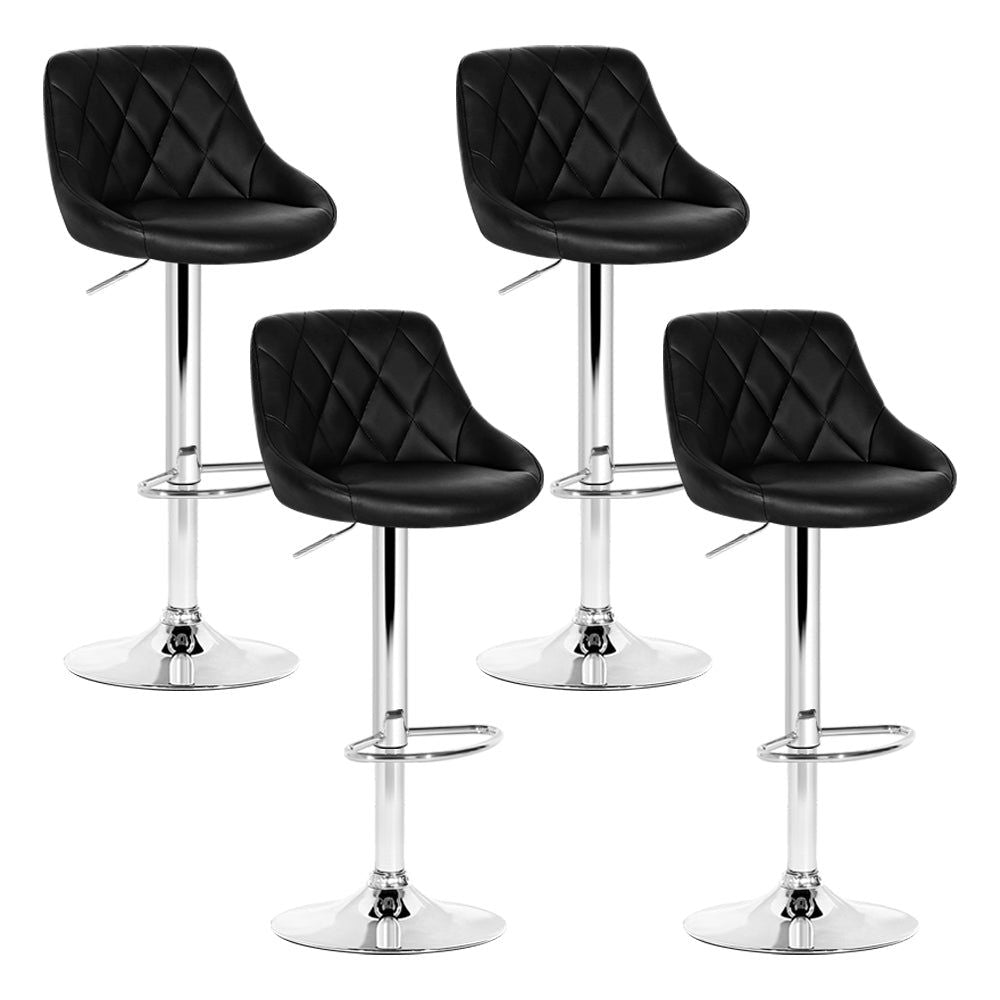 4 Black Leather Padded Bar Stools with Gas Lift Height Adjustment - Perfect for Kitchen Island, Home Bar & Dining Room Counter