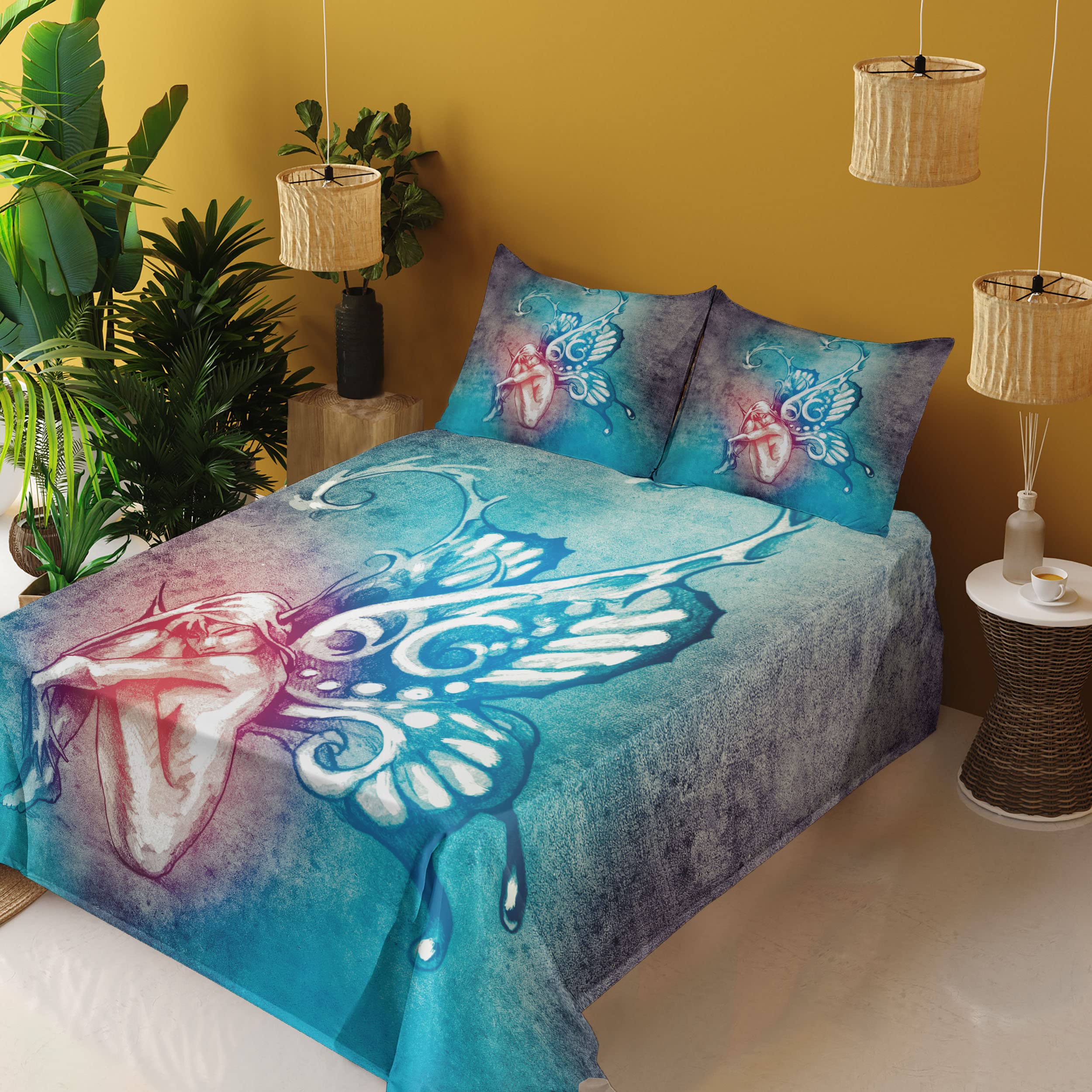 Ambesonne 4-Piece King Butterfly Sheet Set - Blue Purple Floral Design, Fitted & Flat Sheets with Pillowcases | Lightweight Bedding for Women, Home Decor, Master Bedroom, Guest Room