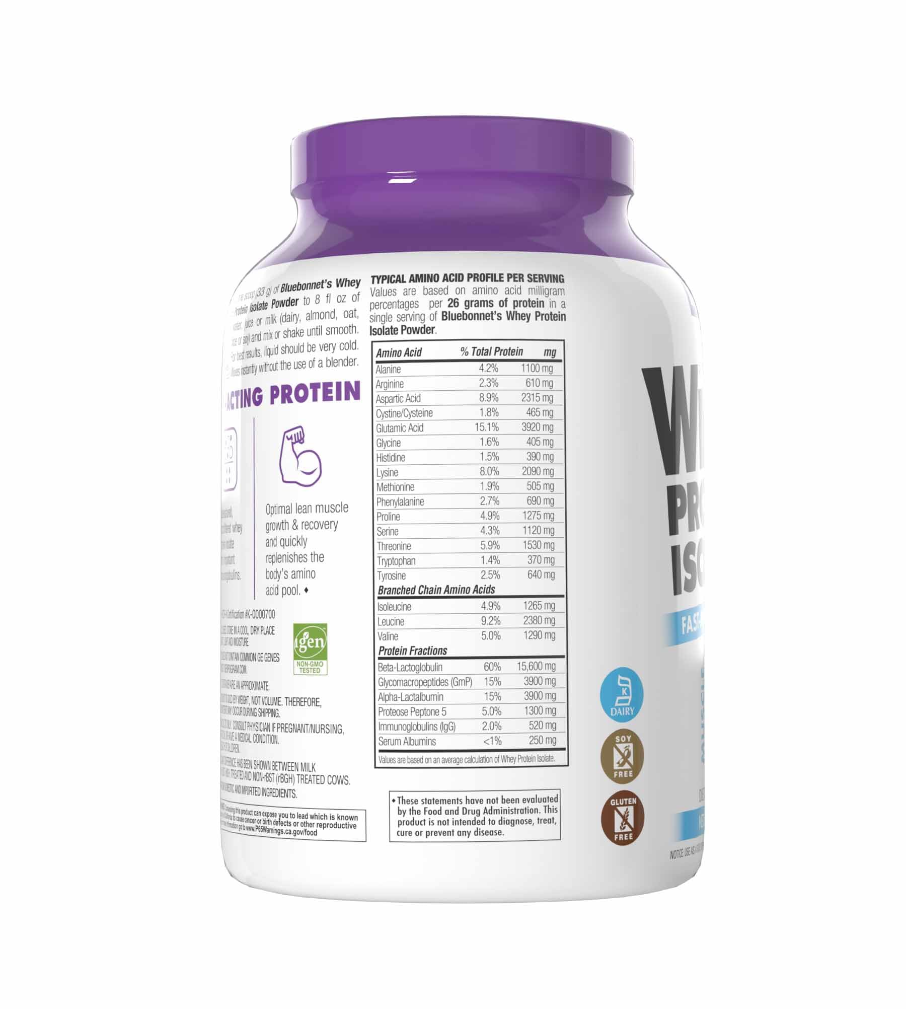 BlueBonnet Grass-Fed Whey Protein Isolate Powder - 26g Protein, No Sugar Added, Gluten & Soy Free, Kosher Dairy - 2 Lbs (28 Servings) French Vanilla Flavor - Perfect for Post-Workout Recovery & Healthy Smoothies