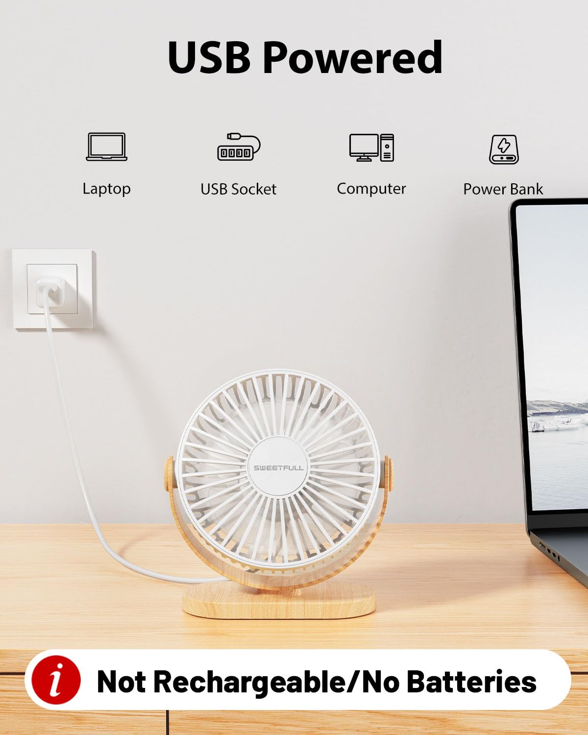 SWEETFULL USB Desk Fan - 3 Speed Portable Mini Fan with 360° Rotation, Quiet Personal Table Fan for Home, Office, Car & Travel (White Wood Grain) | Perfect for Work Desks, Bedrooms & Outdoor Activities