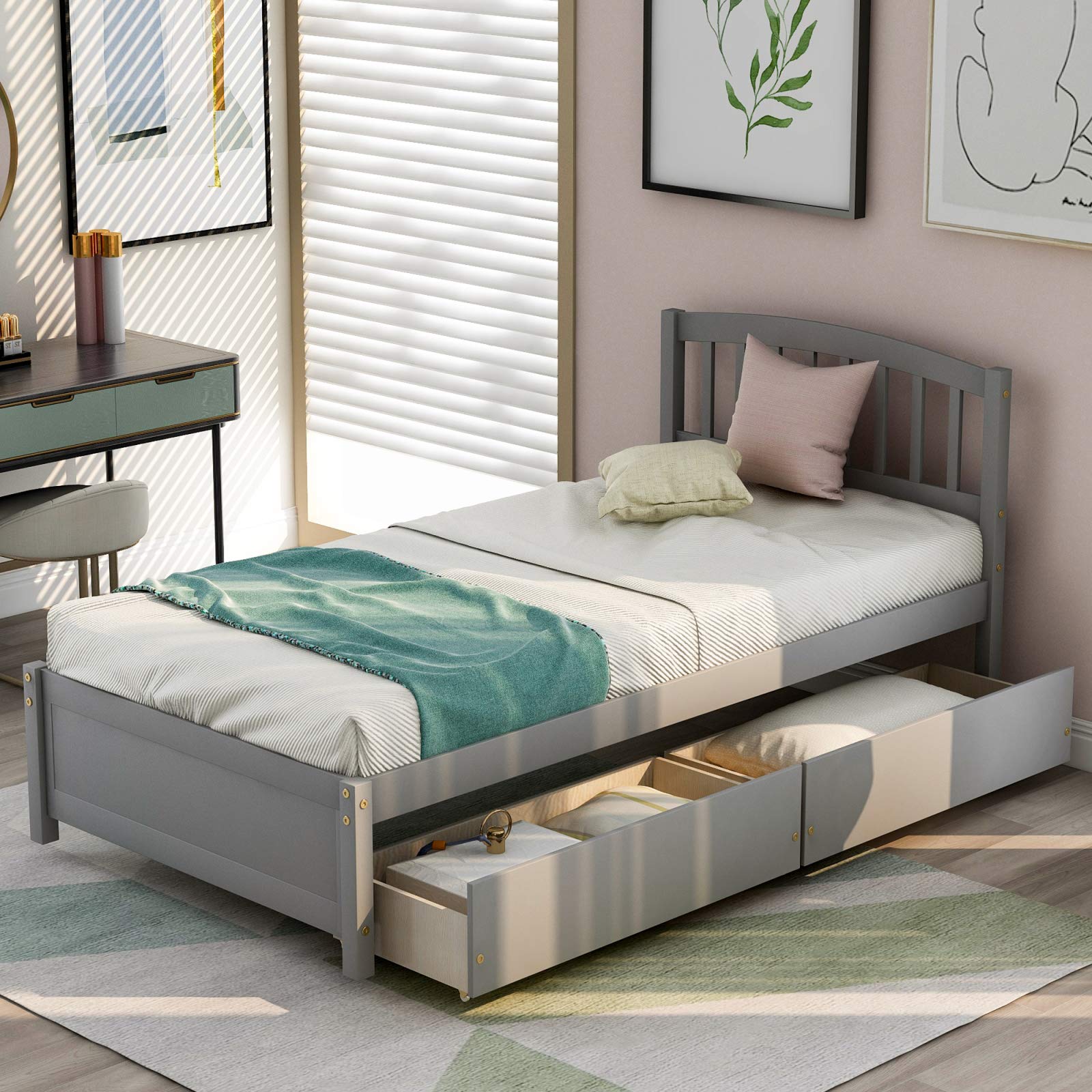 TITA-DONG Twin Size Storage Bed Frame with 2 Drawers & Headboard - Space Saving Wood Platform Bed for Small Bedroom, Gray - Perfect for Kids Room, Guest Room or Studio Apartment