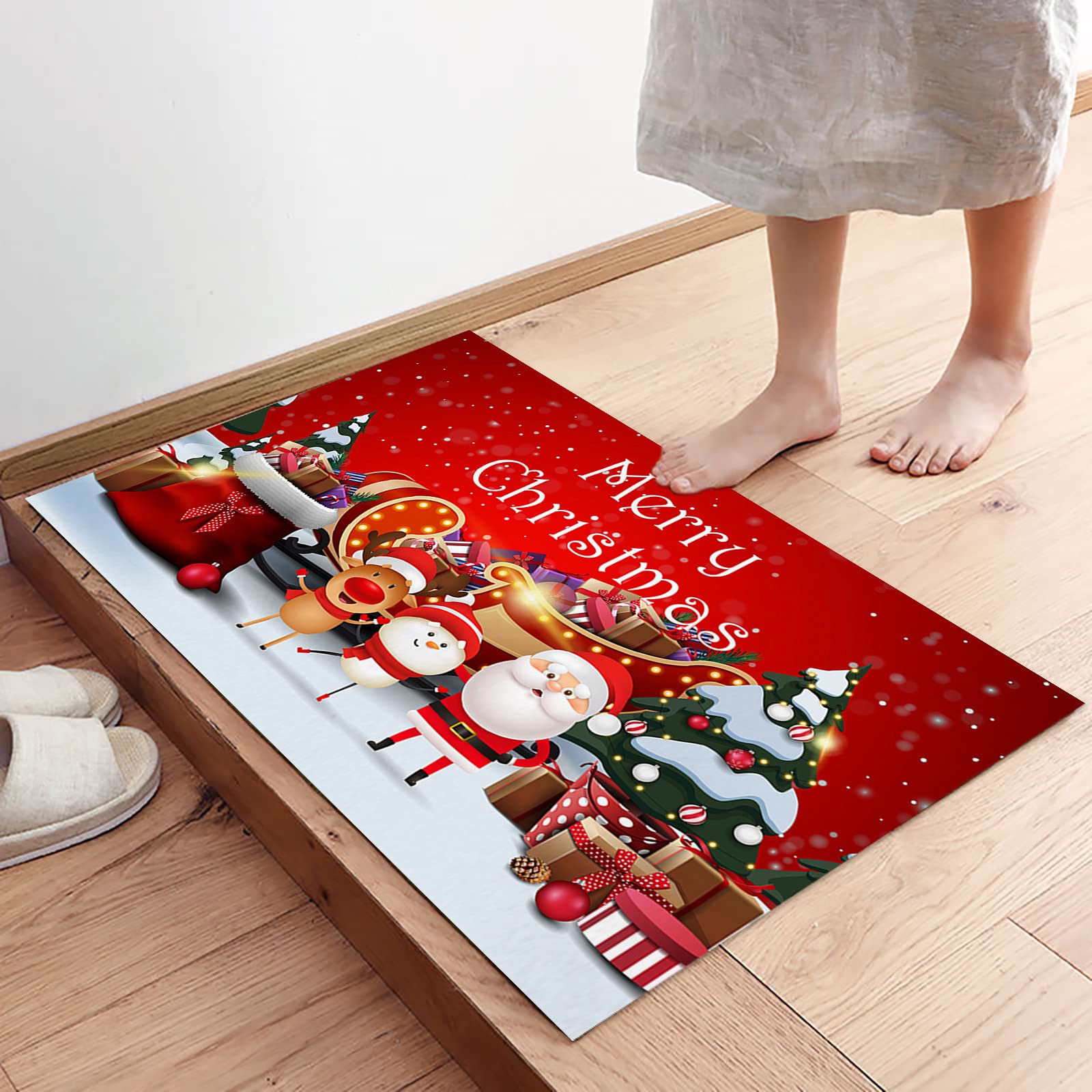 Christmas Doormat 18x30 Inch - Festive Santa Elk with Gifts Sled Design, Non-Slip Anti-Fatigue Indoor Welcome Mat for Front Door, Kitchen & Bathroom | Holiday Home Decor for Christmas Party & Winter Welcome