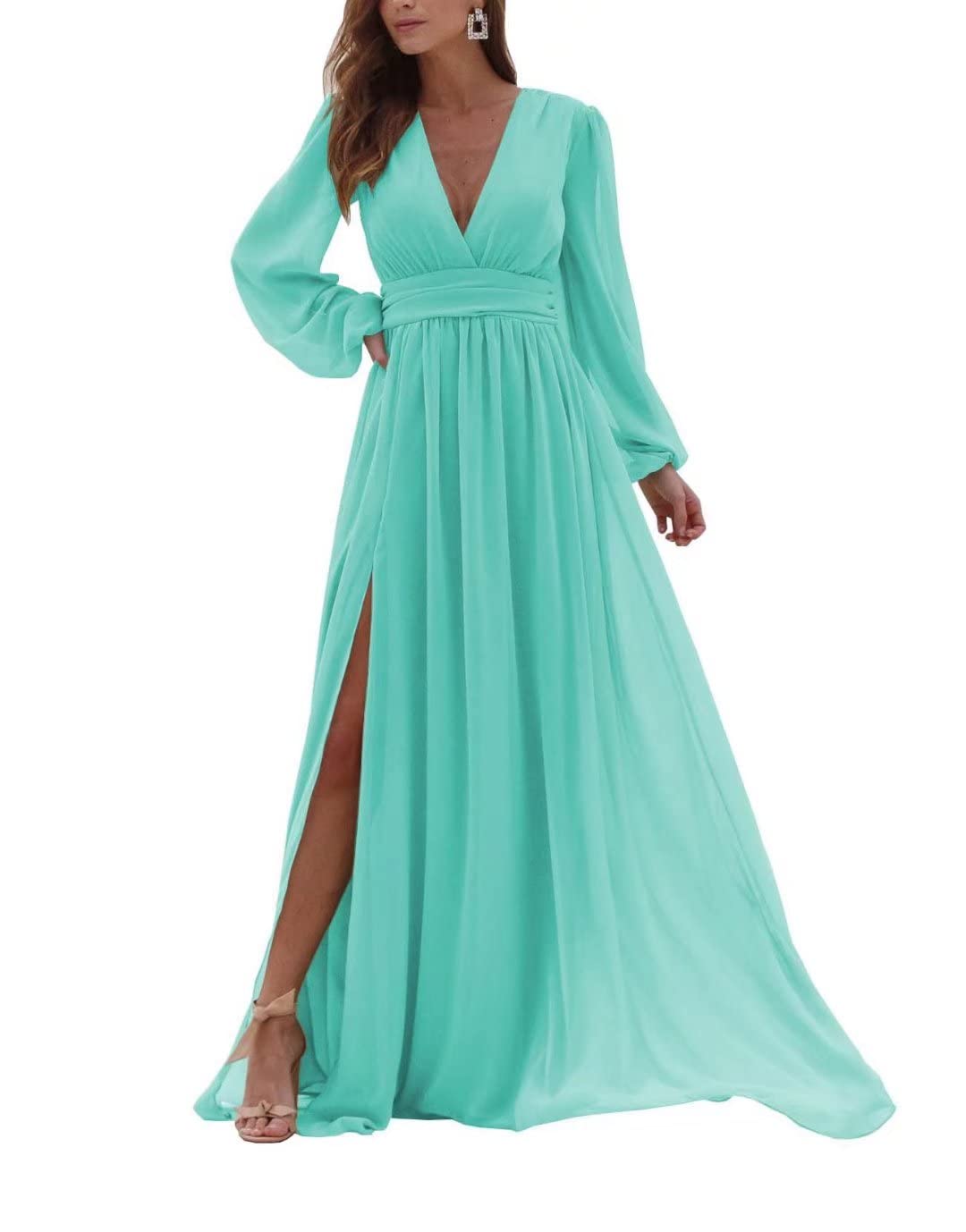 Martha Lia Women's Long Puff Sleeve Bridesmaid Dress with Side Slit & Ruched Empire Waist - Elegant Formal Evening Gown for Weddings, Prom, Cocktail Parties & Special Occasions