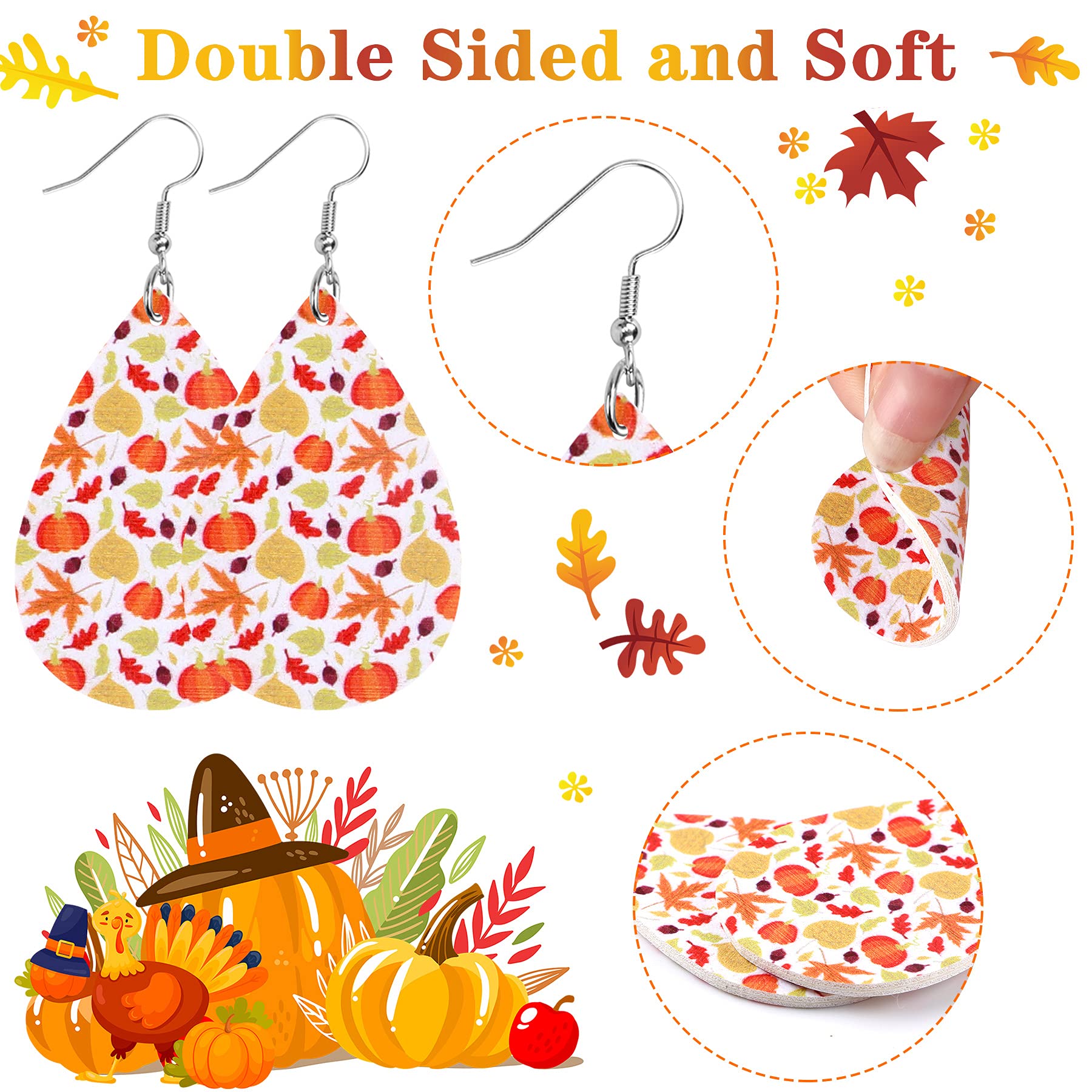 9 Pairs Thanksgiving Fall Faux Leather Earrings for Women - Pumpkin, Sunflower & Maple Leaf Dangle Earrings - Lightweight Autumn Jewelry for Holiday Parties, Office Wear & Seasonal Outfits