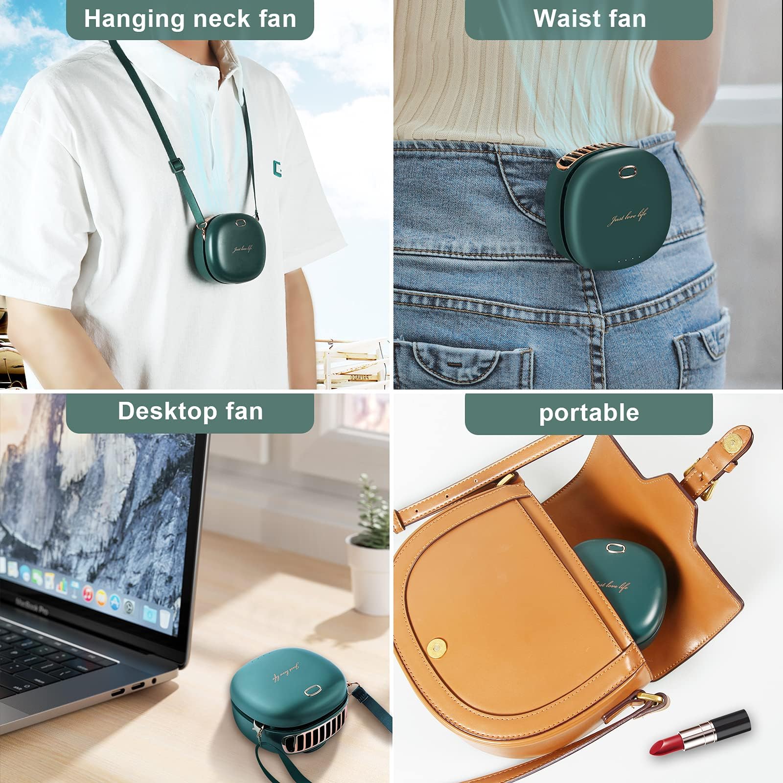 BINWO Portable Mini Neck Fan - USB Rechargeable Personal Fan with 3 Speed Settings, Adjustable Lanyard & Waist Clip for Hands-Free Cooling - Perfect for Office, Gym, Travel & Outdoor Activities (Dark Green)