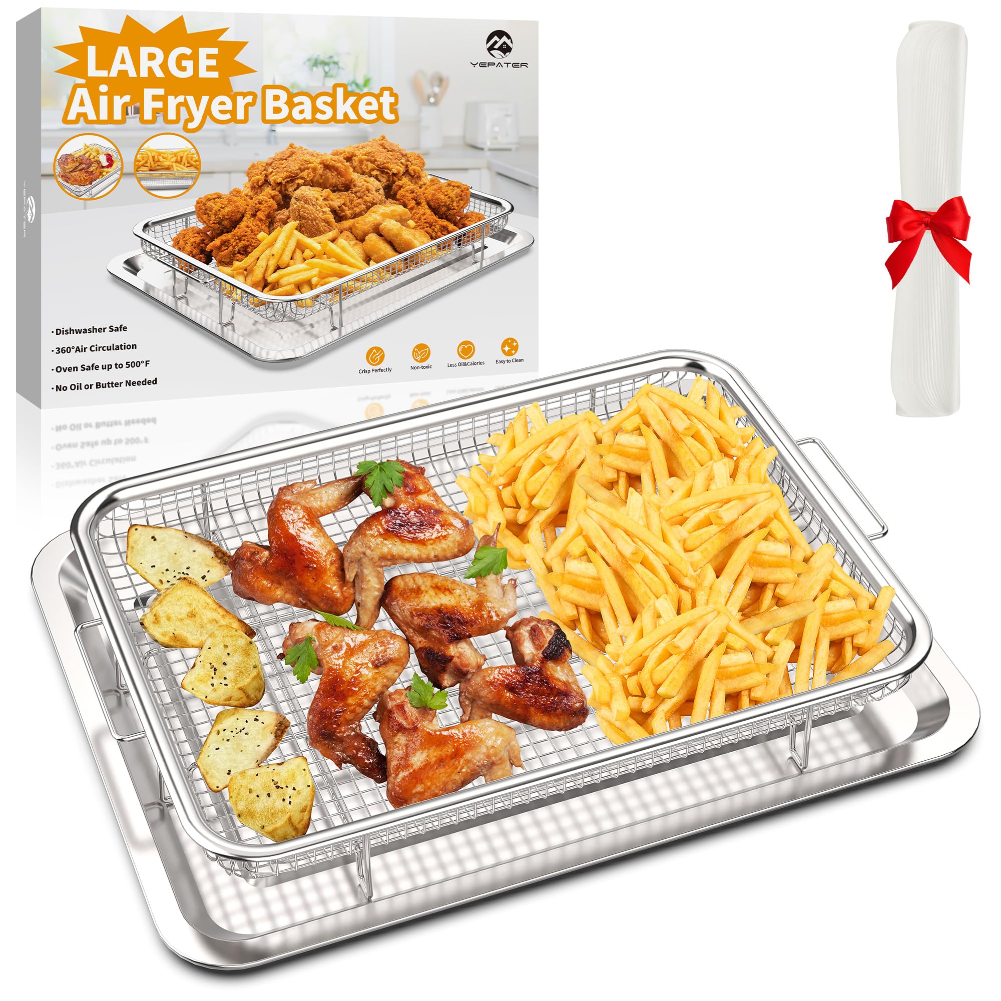 YEPATER 15.6 x 11.6 Inch Large Stainless Steel Non-Stick Air Fryer Basket with 30 PCS Parchment Paper - Oven Safe Air Fryer Pan & Crisper Tray for Baking, Roasting, and Healthy Cooking | Perfect for Chicken Wings, French Fries, and Vegetables