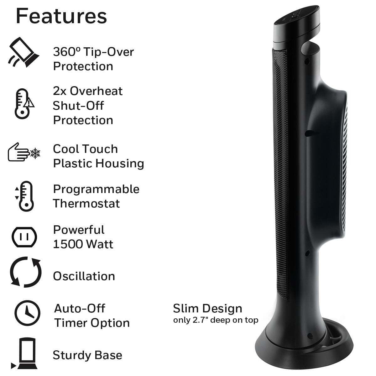 Honeywell Slim Ceramic Tower Heater for Large Rooms - Black Space Heater with 2 Heat Settings & Overheat Protection - Perfect for Bedroom, Office, Living Room Heating