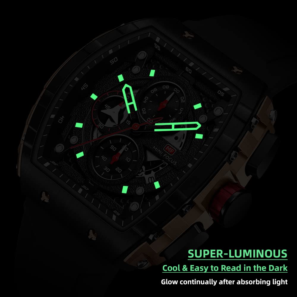 MF Mini Focus Men's Fashion Tonneau Chronograph Watch - Waterproof, Luminous, Calendar Display with Silicone Strap - Perfect for Business, Casual Wear & Outdoor Activities
