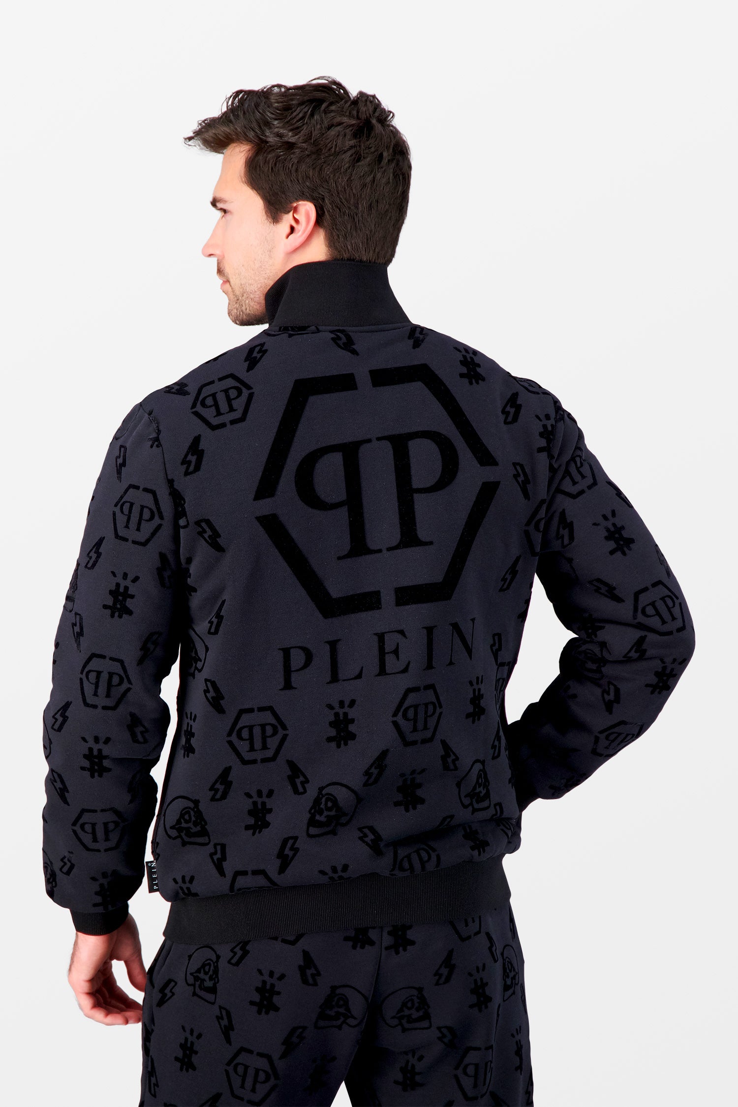 Philipp Plein Black Flock Monogram Jogging Jacket - Stylish Men's Hooded Track Jacket for Casual Wear & Street Fashion | Gym, Running, Lounge, Everyday Outfit