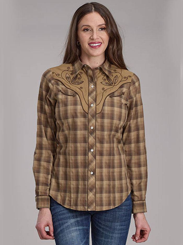 Roper Women's Long Sleeve Plaid Shirt in Brown & Tan - 01 050 0024 1071 - Casual Western Style Shirt for Ranch, Rodeo & Outdoor Activities