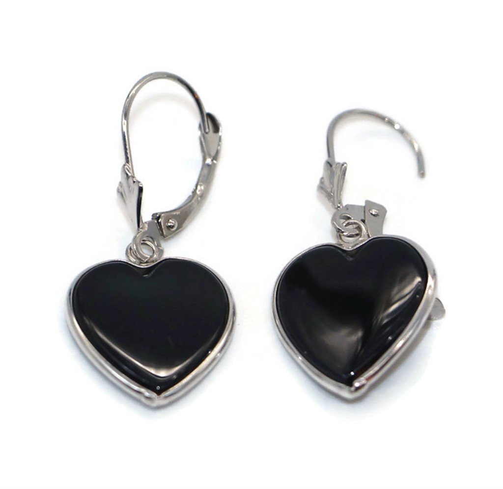 14K White Gold Onyx Black Heart Earrings with Leverbacks - Elegant Jewelry for Valentine's Day, Anniversary & Romantic Gifts