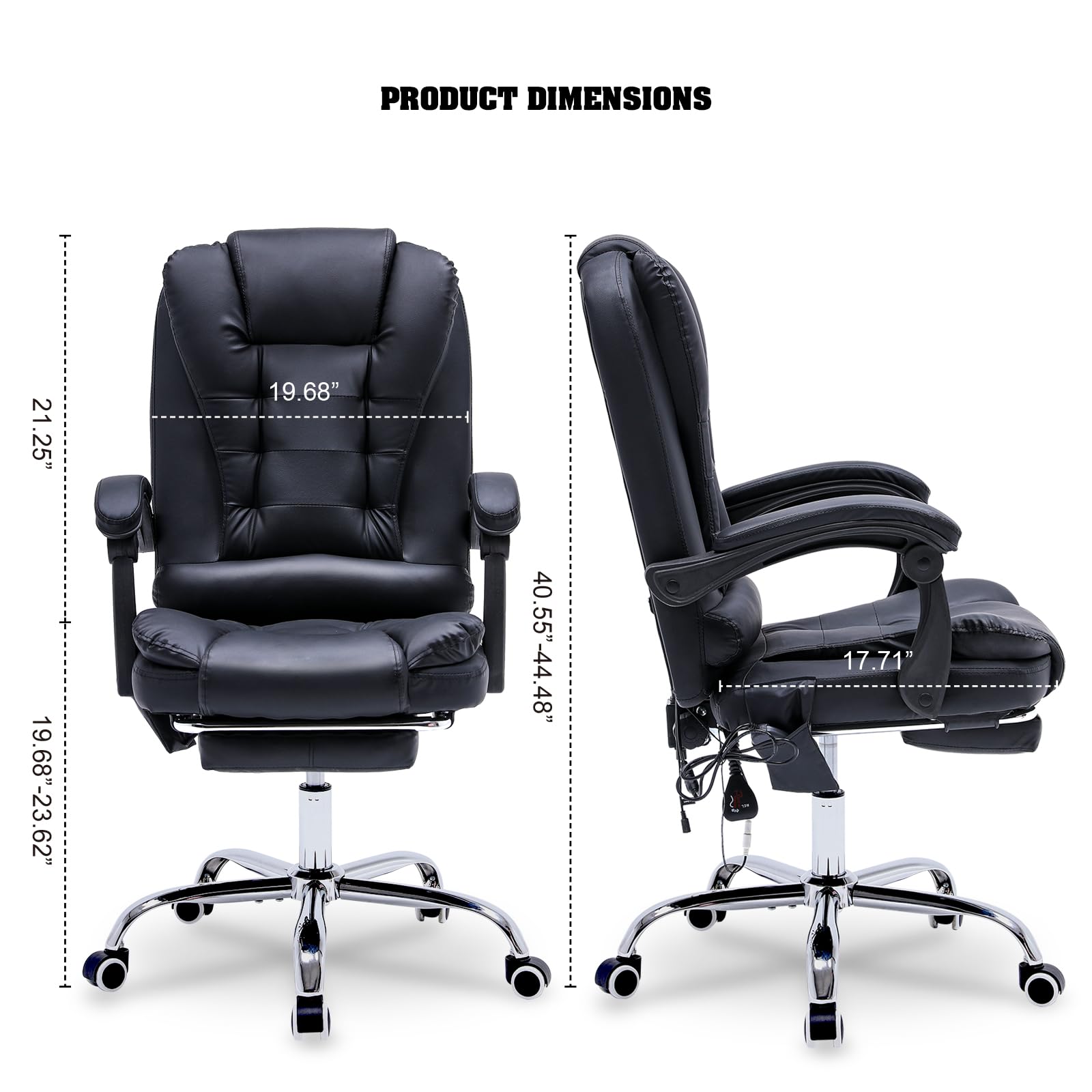 Ergonomic Reclining Office Chair with Massage & Heat - PU Leather Executive Computer Chair with Footrest & Padded Armrest - High Back Swivel Recliner for Home Office, Study, or Gaming - Black