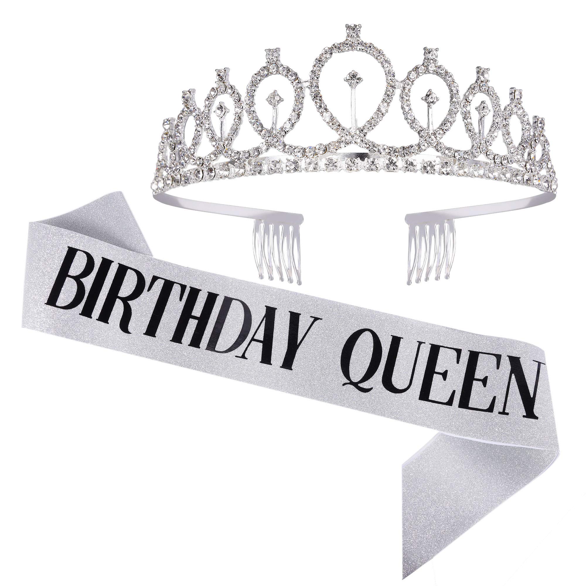 Elegant Silver Crystal Tiara & Birthday Sash Set for Women - Sparkling Crown with Combs & Satin Sash - Perfect for Birthday Parties, Bachelorette, Bridal Showers & Special Occasions