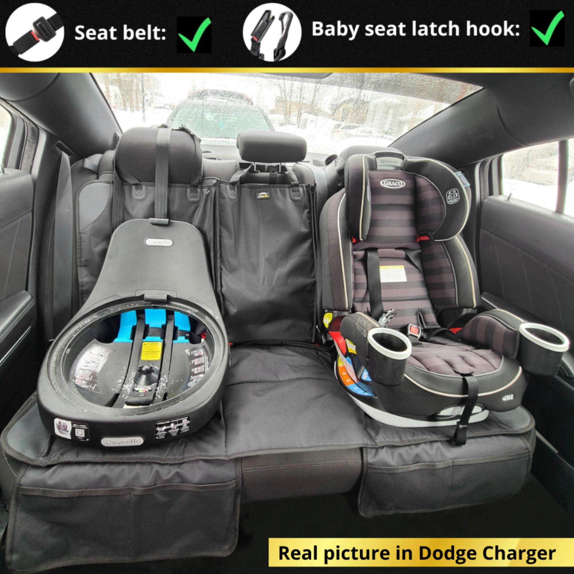 Waterproof Car Seat Protector for Child Safety Seats - Non-Slip Thick Padding with 4 Storage Pockets & 3 Functional Belts | Universal Fit for Fabric & Leather Seats | Perfect for Baby Car Seats, Long Road Trips & Family Travel