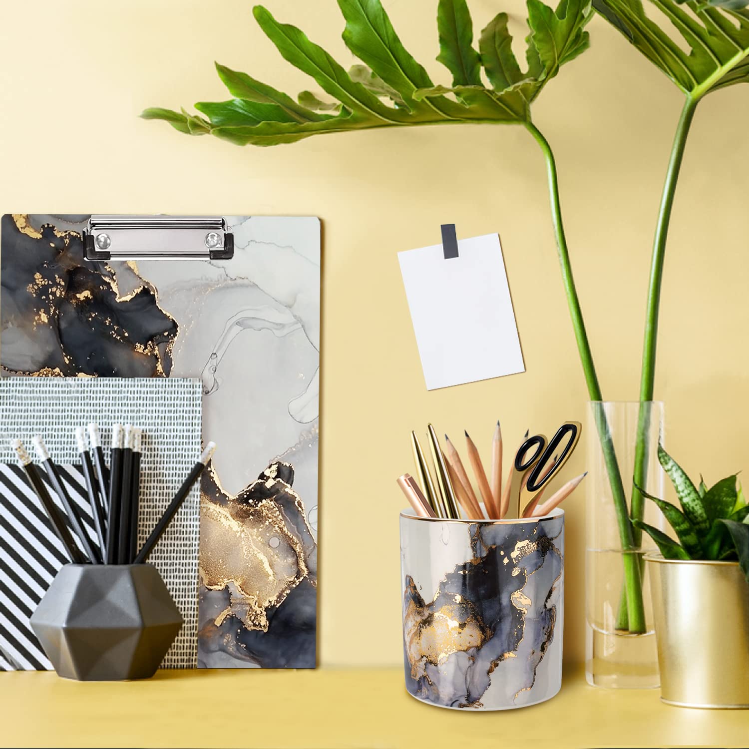 Waveyu Marble Ceramic Pencil Holder - Durable Desk Organizer for Office, Classroom & Home - Stylish Gray Gold Desktop Stationery Storage - Perfect for Pens, Markers & Office Supplies