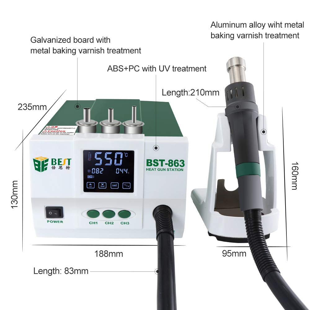 BST-863 Professional Desoldering Station with Smart Touch Screen & LCD Display - 1200W 110V Lead-Free Soldering Tool for Electronics Repair - Ideal for PCB Maintenance, DIY Projects, and Industrial Use - GOLDEN BLUE