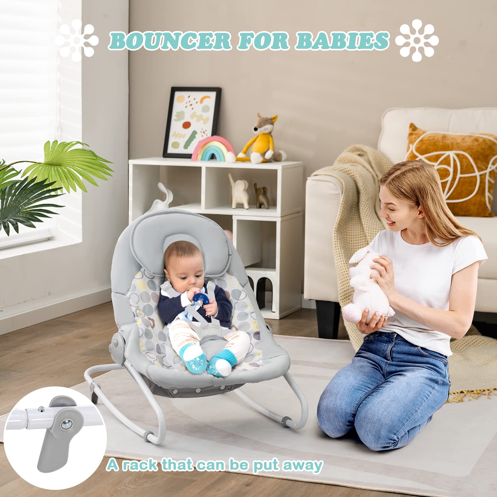 INFANS 2-in-1 Baby Swing and Bouncer for Newborns 0-6 Months - Portable Infant Rocker with 5 Speed Settings, Soothing Music, Timer, 3 Hanging Toys & Remote Control - Easy Fold Compact Electric Swing for Boys & Girls - Perfect for Nursery, Living Room & Travel