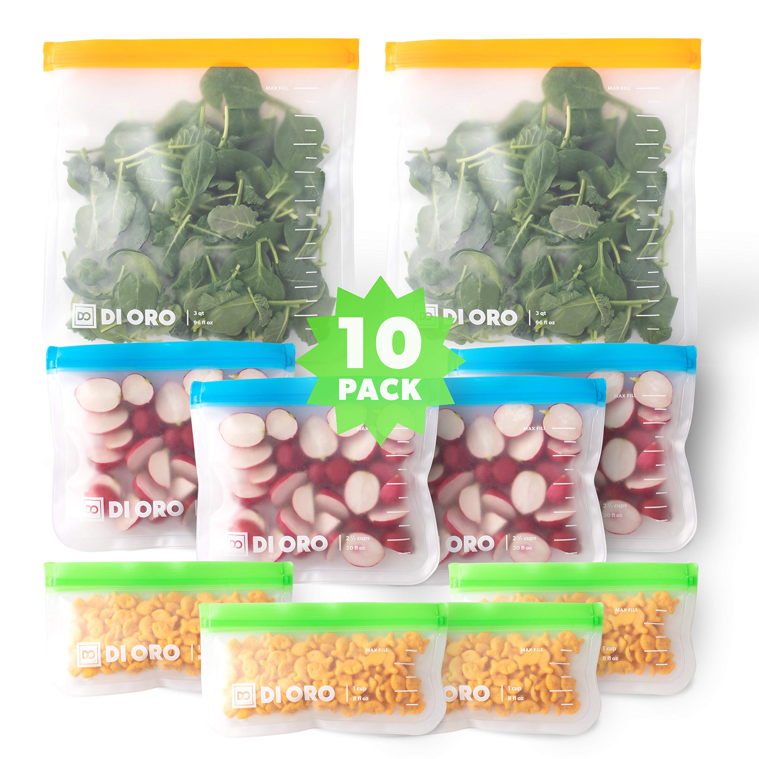 DI ORO Reusable Food Storage Bags - 10pc Thick Leakproof Washable Freezer Safe Ziplock Bags for Snacks, Travel & Meal Prep - BPA-Free Food Grade Silicone Sandwich Bags - Perfect for School Lunches, Picnics & Camping
