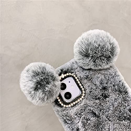 Fluffy Plush Furry Phone Case for iPhone 6S Plus - Winter Warm Soft Protective Cover with Rabbit Fur, Cartoon Bear Ears & Glitter Diamond Bowknot - Cute Cases for Women & Girls (White/Black) - Perfect for Winter Fashion, Daily Use & Gift Giving
