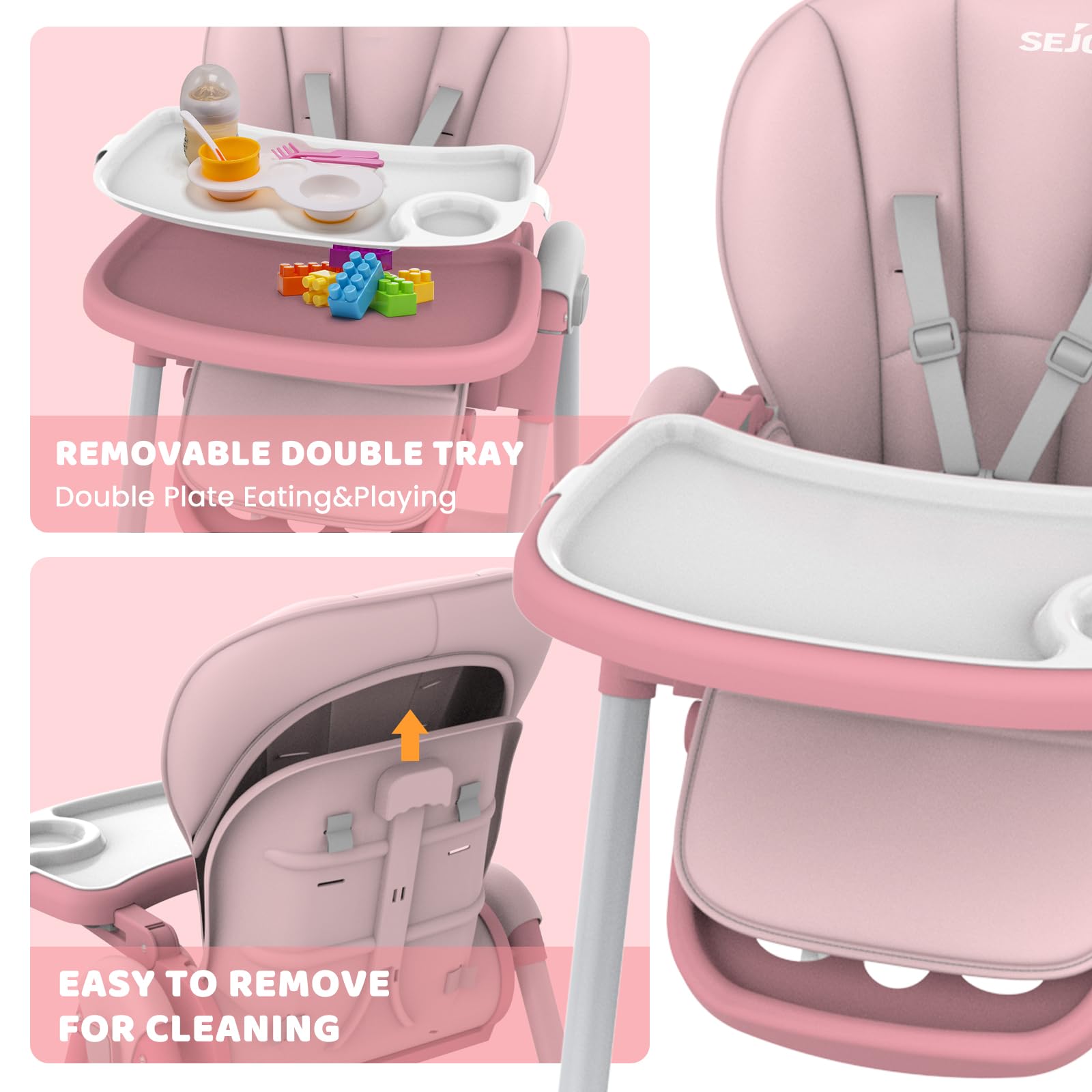 **Baby High Chair with 4 Wheels for Infants & Toddlers (6 Months-6 Years) – Adjustable Height, Removable Dishwasher-Safe Tray, 110 LBS Weight Limit – Perfect for Dining, Feeding & Playtime (Pink)**