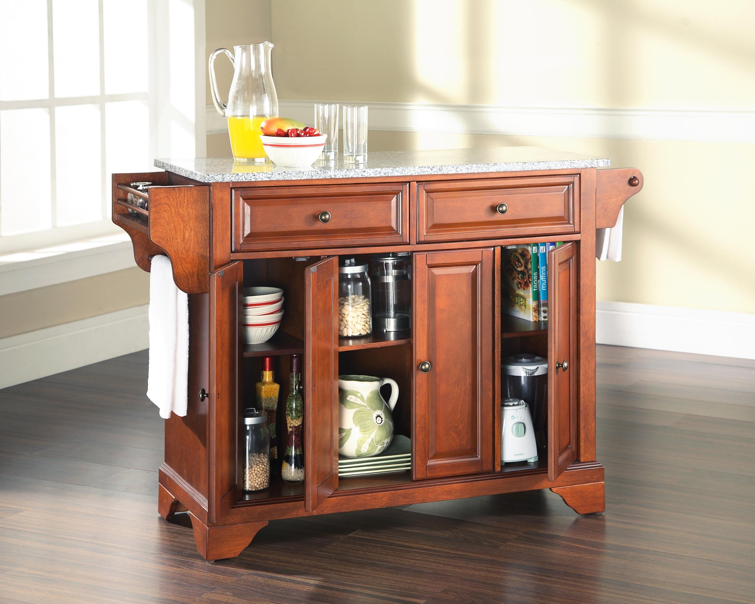Crosley LaFayette Granite Top Rolling Kitchen Island Cart with Storage, Microwave Stand & Spice Rack - Cherry Finish for Modern Kitchens & Small Spaces