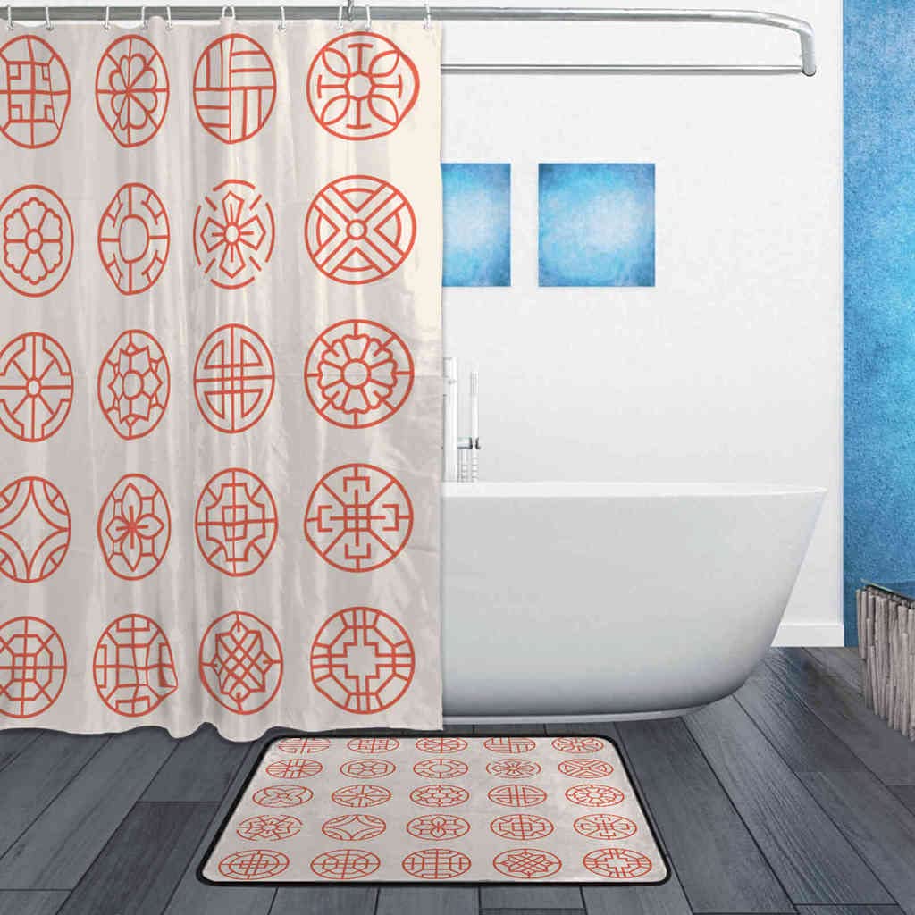 2Pcs Korean & Asian Traditional Circle Pattern Waterproof Shower Curtain Set with Bath Mat & 12 Hooks - 72x72 Inch, Red - Elegant Bathroom Decor for Home, Spa & Hotel Use