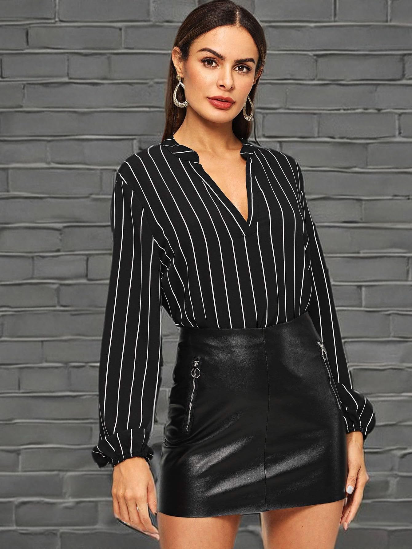 Milumia Women's Elegant Striped V-Neck Long Sleeve Blouse - High Low Hem Work Shirt Tops for Office, Party & Casual Wear | Flattering Fit & Comfortable Stretch Fabric