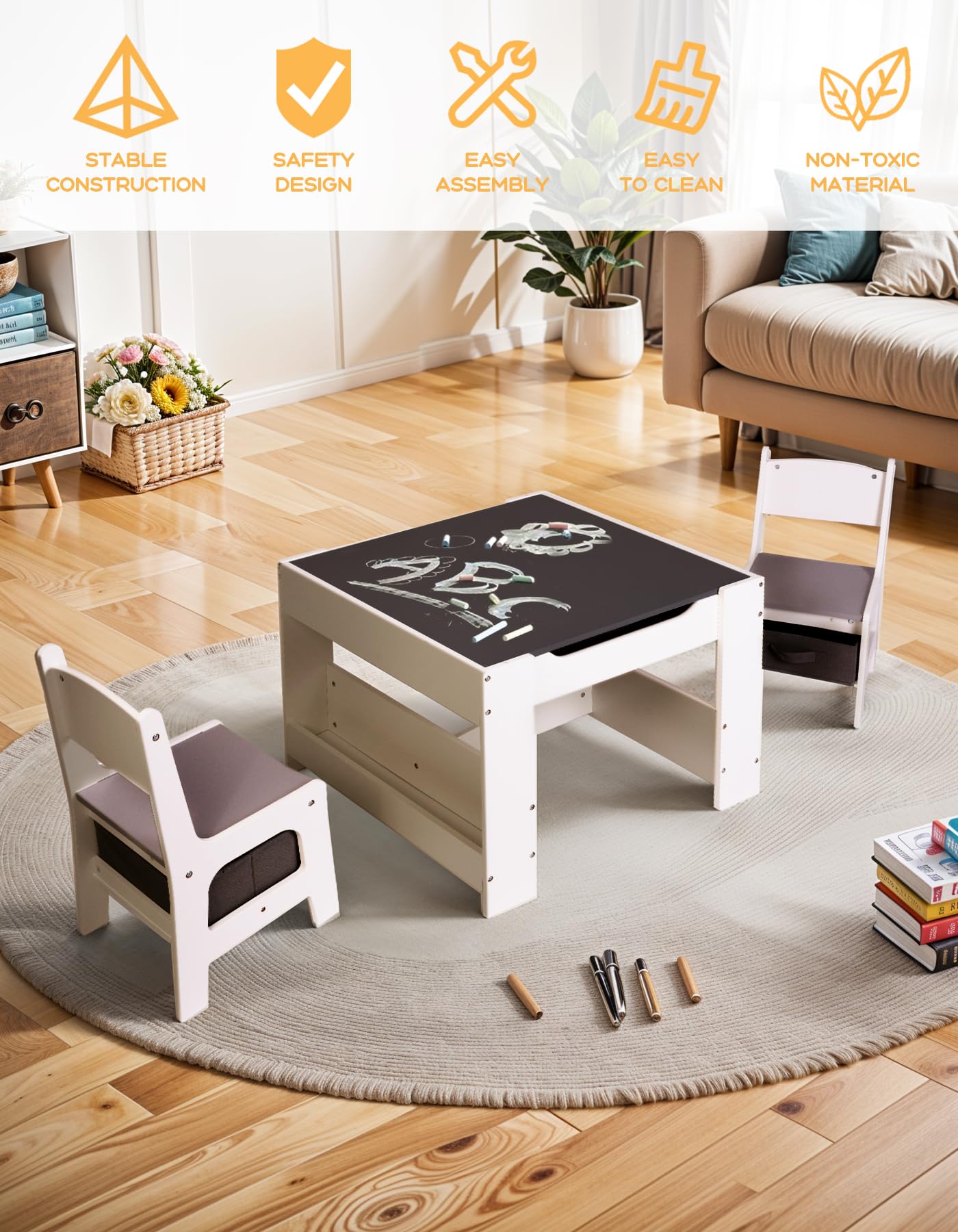 Joyooss 4-in-1 Wooden Kids Table and Chairs Set for Toddlers Ages 3-7, Adjustable Height Children's Study Desk with 2-in-1 Tabletop & Storage - Perfect for Playroom, Homeschooling, and Arts & Crafts Activities