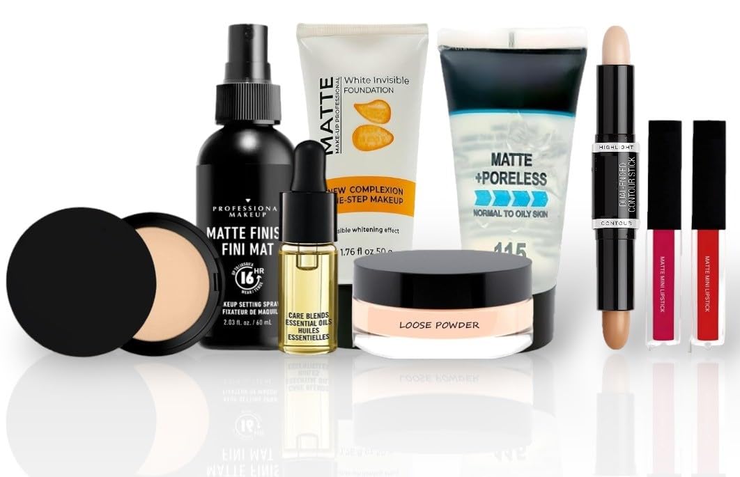 N.Y.N Professional Makeup Kit - Essential Oil, Face Primer, White Foundation, Loose Powder, Makeup Fixer, 2-in-1 Compact Powder, Liquid Lipstick & Dual-Ended Contour Stick | Complete Cosmetic Set for Flawless Makeup Application | Perfect for Bridal, Party & Everyday Glam Looks