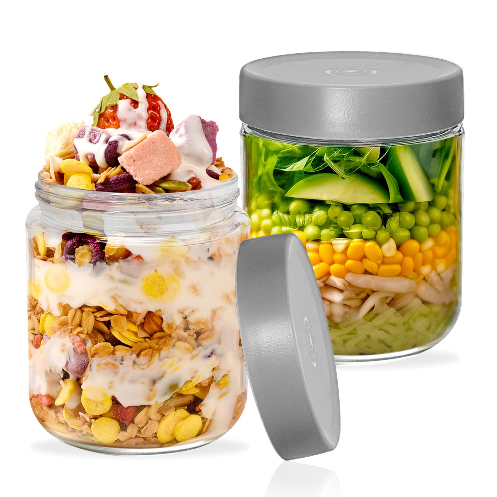 18 oz Glass Mason Jars Set of 2 - Airtight Overnight Oats Containers for Meal Prep, Yogurt, Seed Pudding & Food Storage | BPA-Free, Leakproof Grey Canning Jars (Perfect for Breakfast, Office Snacks & Kitchen Organization)