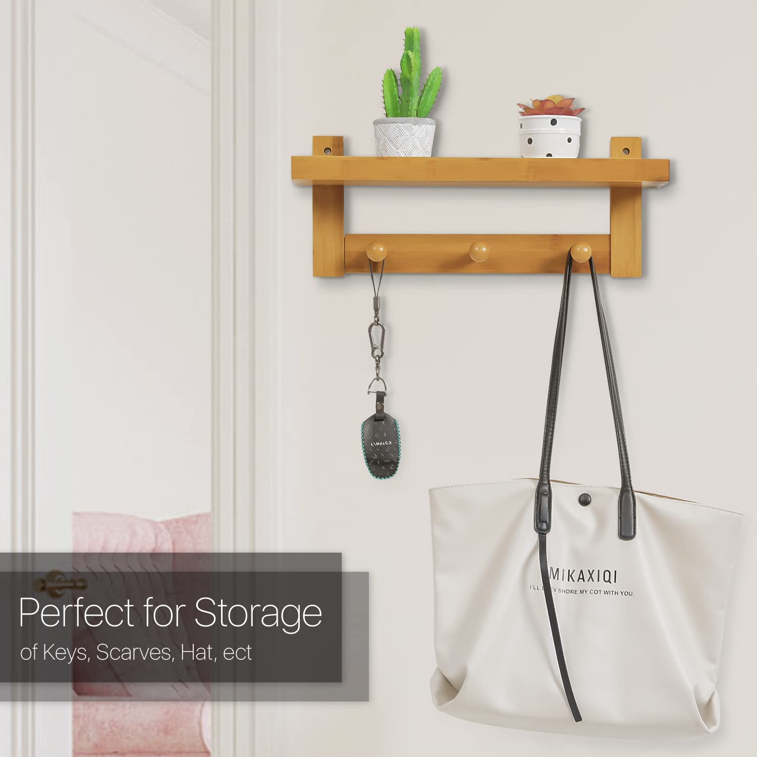 MoNiBloom Wall Mounted Coat Rack with Shelf - 3 Hooks Bamboo Entryway Organizer for Hats, Bags & Jackets | Perfect for Hallway, Bedroom, Kitchen & Bathroom Storage | Natural Wood Home Decor
