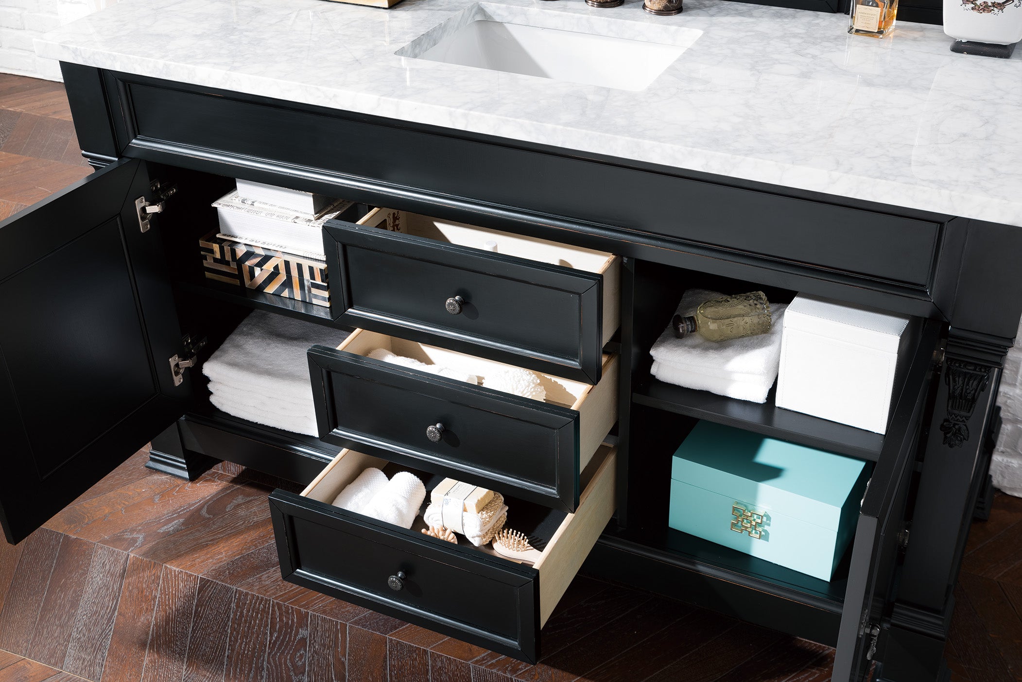 Brookfield 60 Inch Single Bathroom Vanity with Antique Black Finish & 3CM Carrara Marble Top - Perfect for Modern Farmhouse, Coastal, or Traditional Bathroom Designs