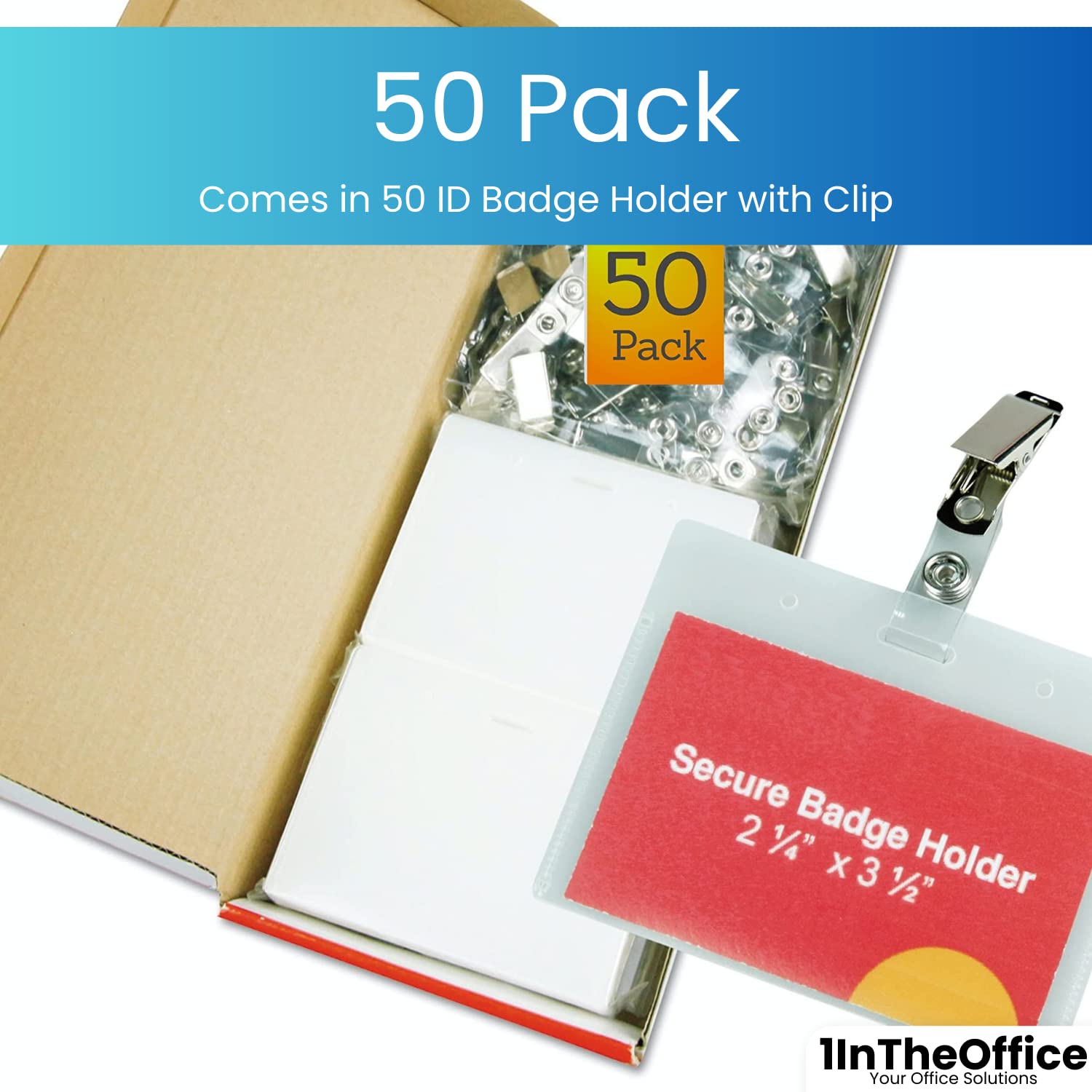 1InTheOffice Horizontal Plastic ID Badge Holder with Clip - 2.25 x 3.5 Inches (50 Pack) - Ideal for Office, Events, Conferences & Security Identification