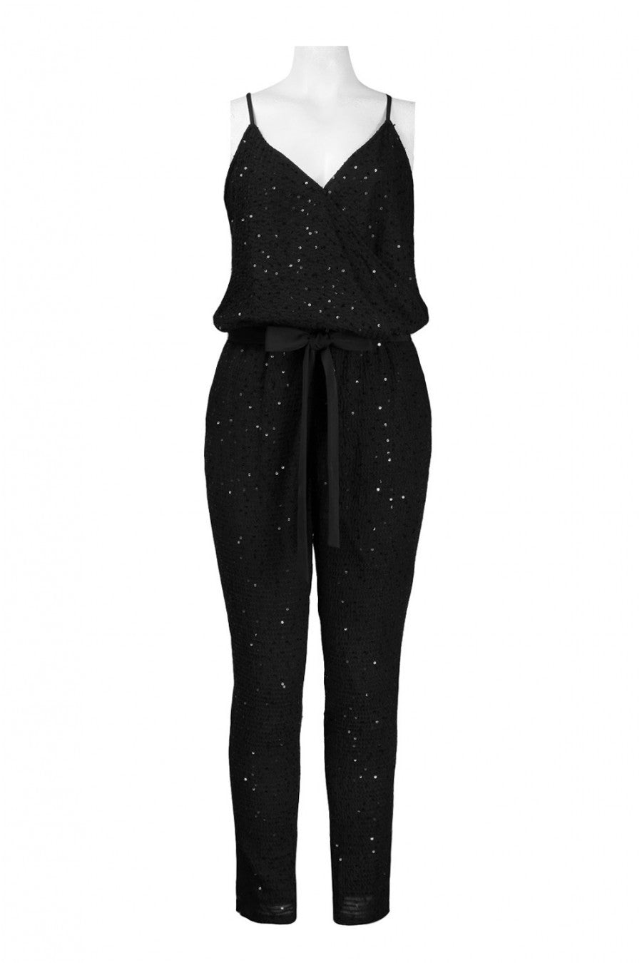 Donna Morgan Black Sequin Wrap Formal Jumpsuit for Women - Elegant Evening Wear for Parties, Weddings & Special Occasions