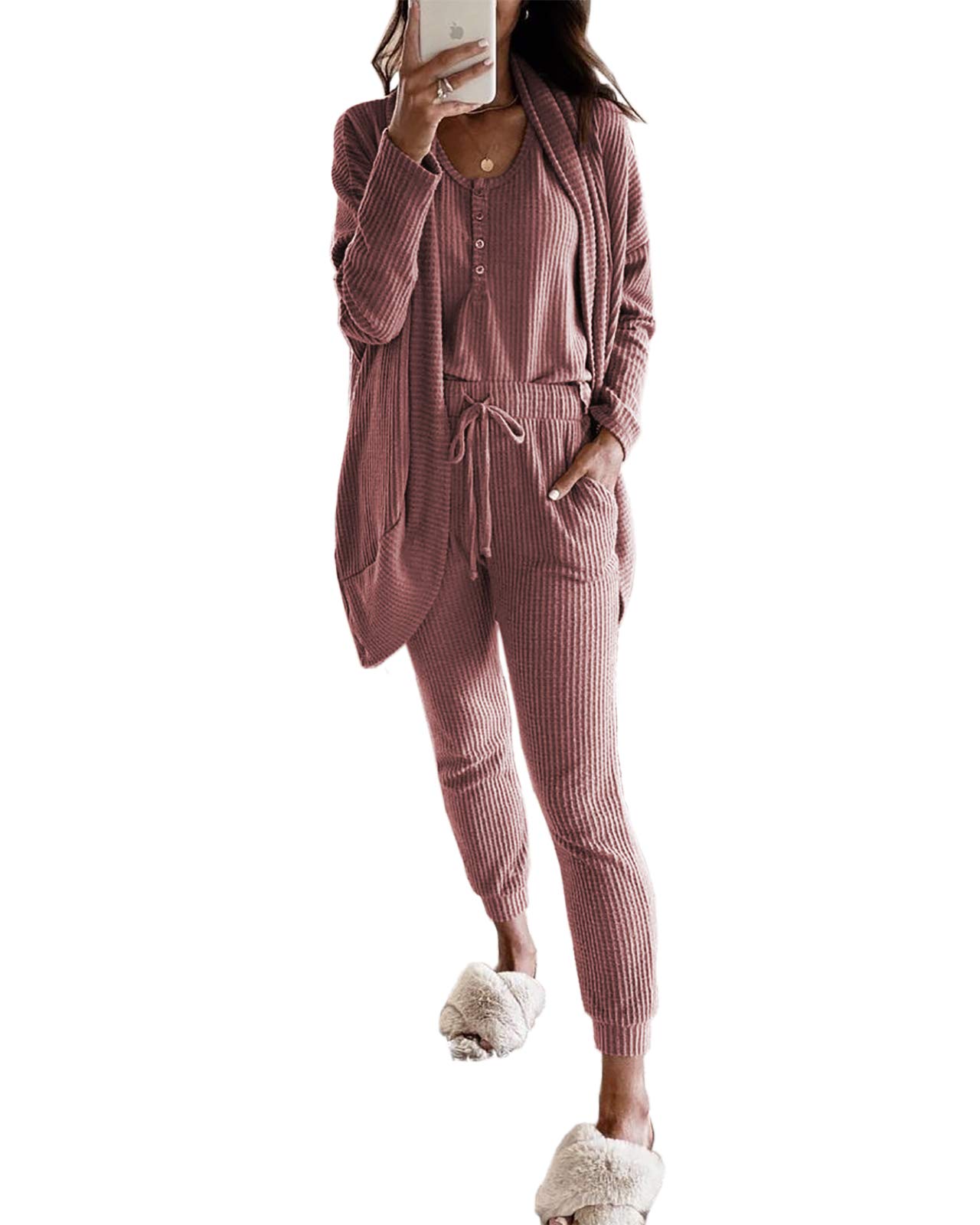 Fessceruna Women's Waffle Knit 3-Piece Lounge Set - Pajama Tank Top, Long Sleeve Cardigan & Pants - Soft Loungewear Outfit for Home, Sleep & Relaxation